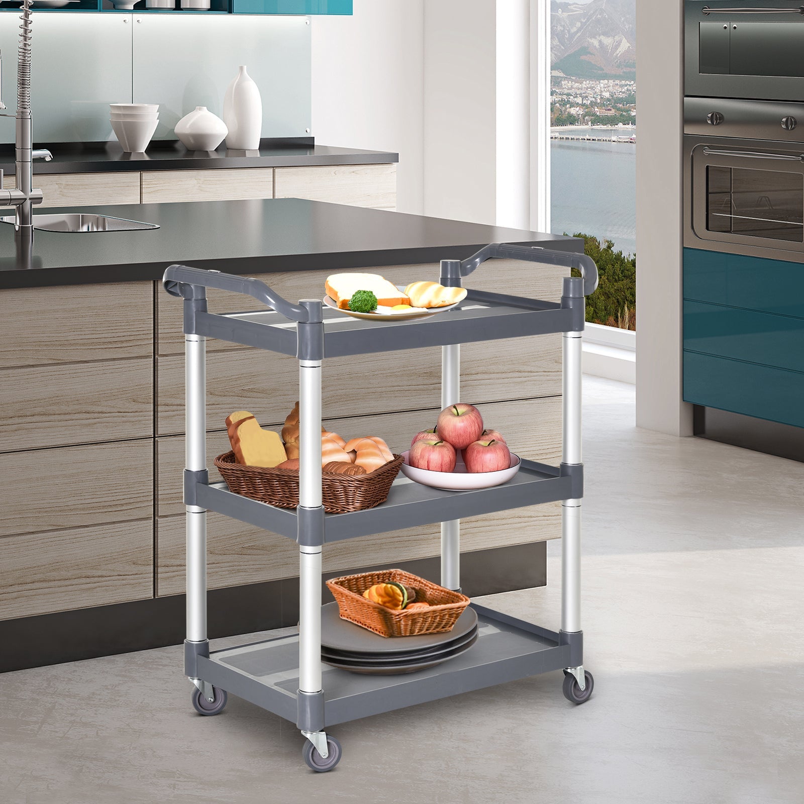 3-Tier Utility Cart Large Rolling Storage Trolley with 3 Shelves Metal Clean Service Cart, Restaurant, Hotel, Livingroom, Silver and Grey Kitchen Islands & Kitchen Carts   at Gallery Canada