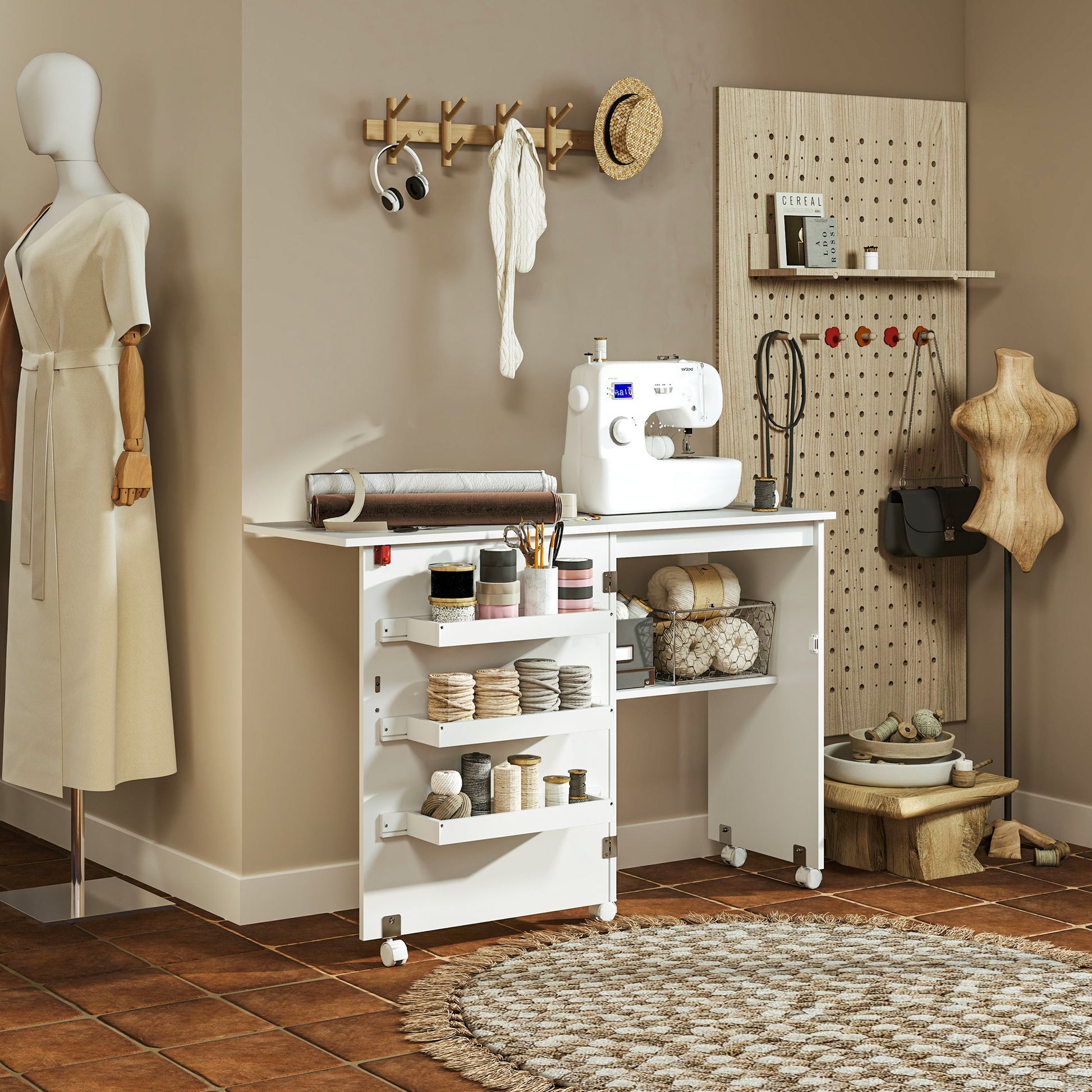 Sewing Machine Cabinet, Folding Sewing Table with Storage Shelf, Bins and Lockable Wheels for Small Space, White Storage Cabinets White at Gallery Canada