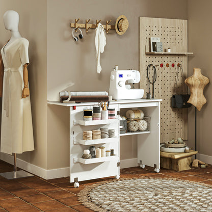 Sewing Machine Cabinet, Folding Sewing Table with Storage Shelf, Bins and Lockable Wheels for Small Space, White Storage Cabinets White at Gallery Canada