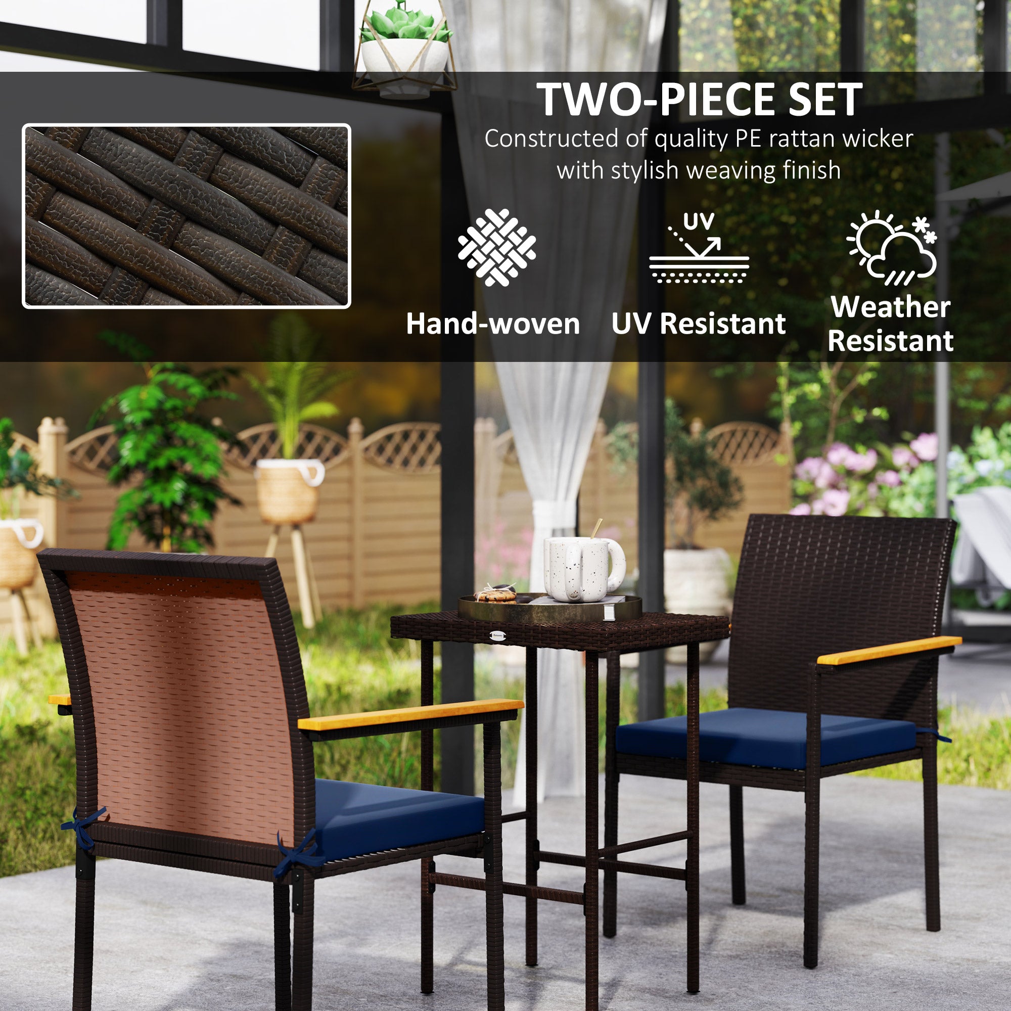 Stackable Wicker Patio Chairs Set of 2 with Removable Cushion, Armrest for Garden, Porch, Yard, Navy Blue Patio Chairs at Gallery Canada