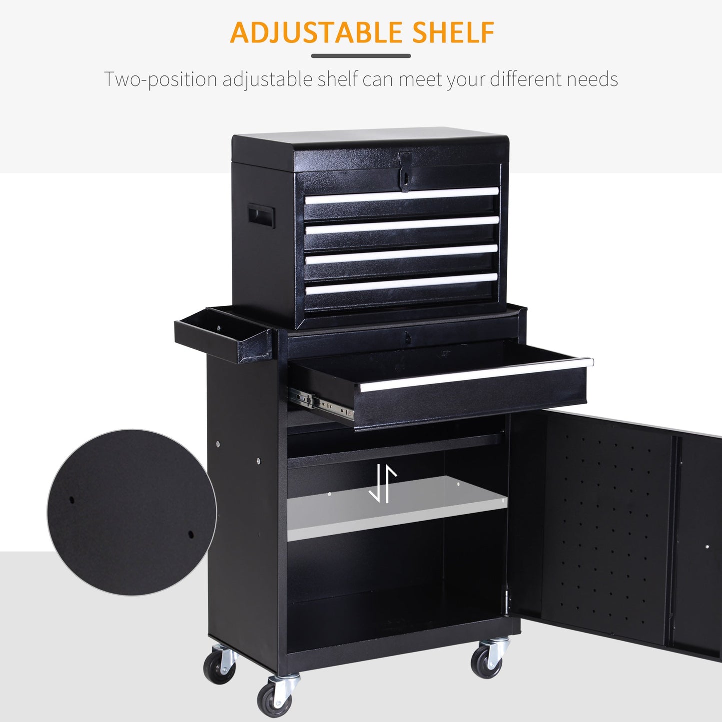 Rolling Tool Cabinet 2 in 1 Top Chest Storage Box 5 Drawers with Pegboard and Adjustable Shelf, Black Tool Organizers   at Gallery Canada