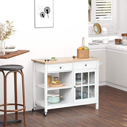 Kitchen Cart on Wheels, Utility Storage Island with Rubber Wood Top, Towel Rack, Cabinets, Drawers, White
