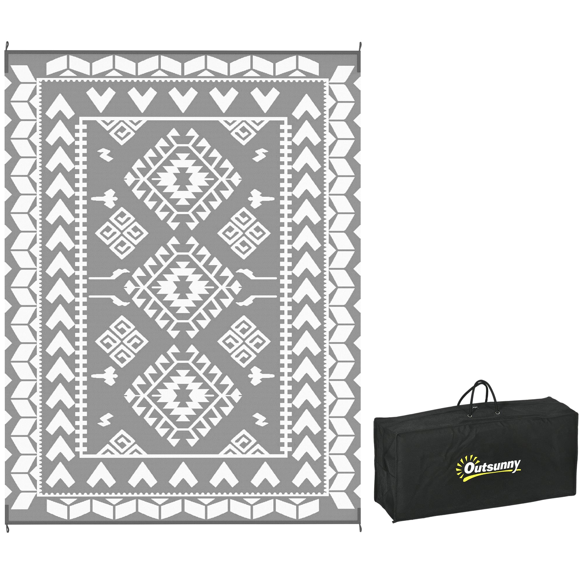 9' x 12' Outdoor RV Rug, Reversible Patio Floor Mat with Carry Bag, Rhombus Patchwork, Grey and White Garden Decor at Gallery Canada