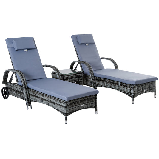 3 Pieces Patio Rattan Chaise Lounge Set, Outdoor PE Wicker Reclining Lounger Furniture Set, Adjustable Portable with Wheeled &; Side Table, Grey Chaise Loungers   at Gallery Canada