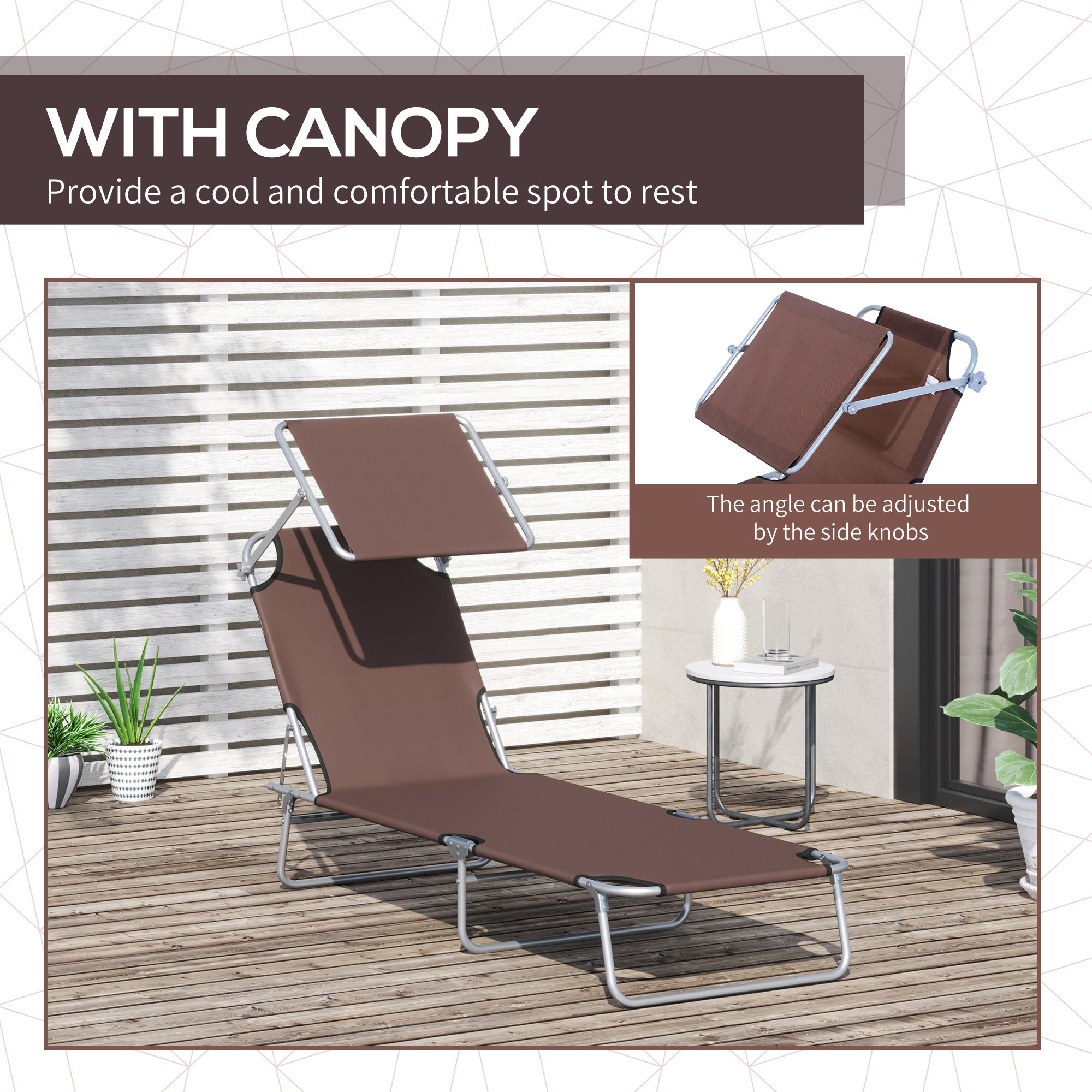 Outdoor Lounge Chair, Adjustable Folding Chaise Lounge, Tanning Chair with Sun Shade for Beach, Camping, Hiking, Backyard, Brown Lounger Chairs   at Gallery Canada