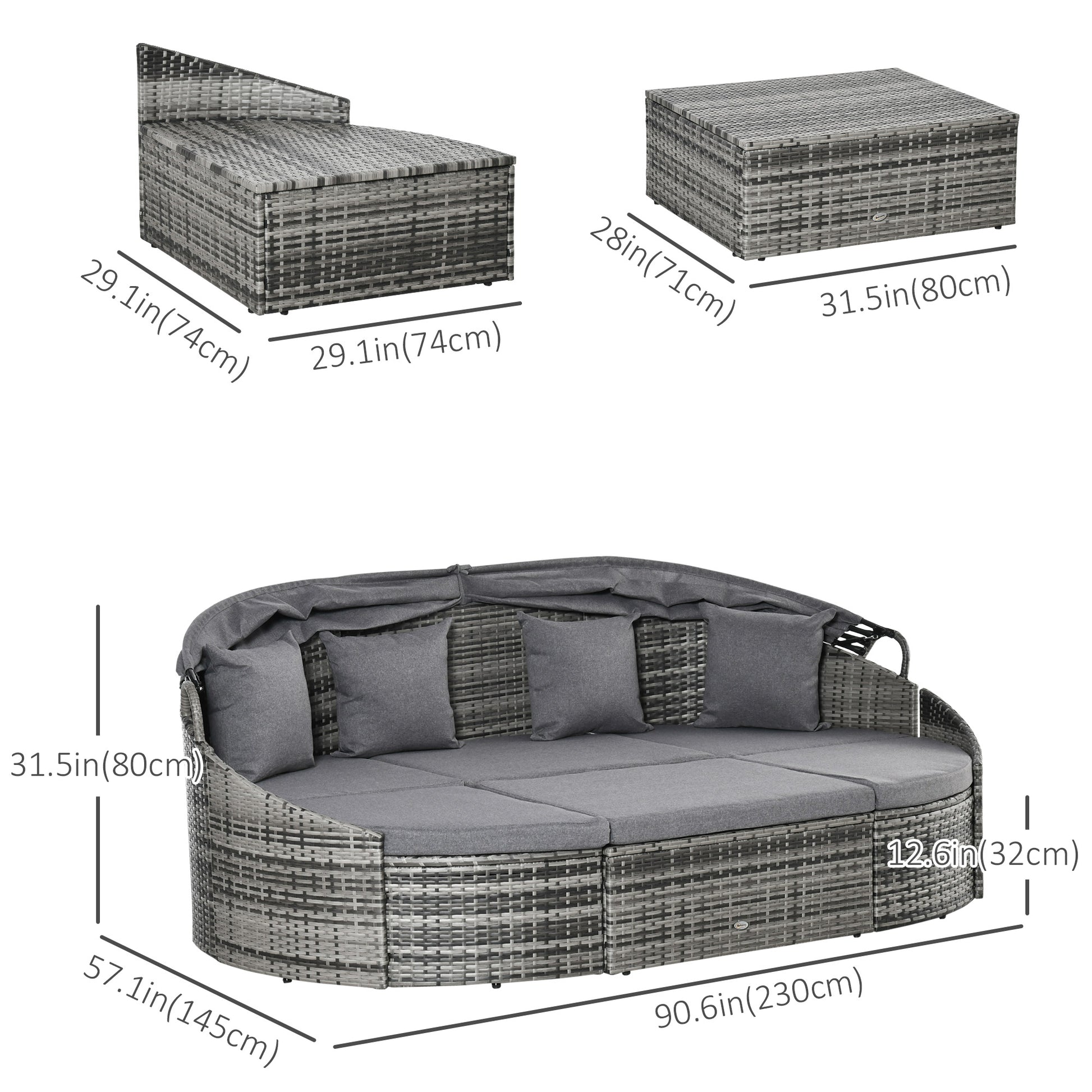 4 Pieces Patio PE Wicker Round Daybed, Outdoor Rattan Garden Lounge Furniture Sets, Grey Daybeds   at Gallery Canada