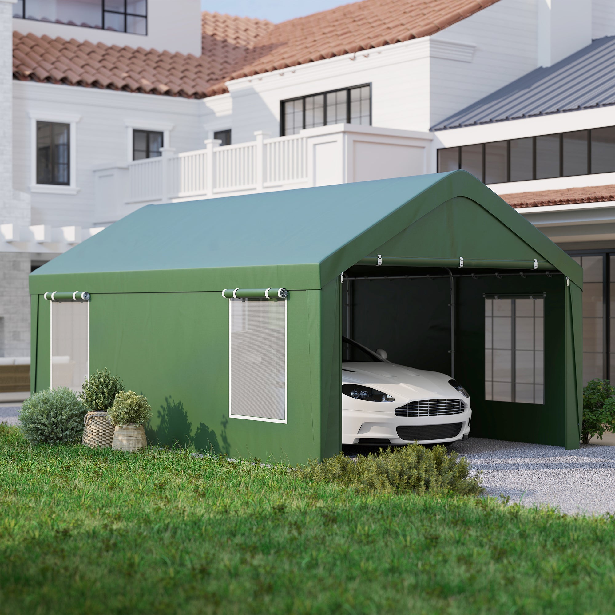 12 x 20ft Carport with 2 Roll-Up Doors, 4 Windows, Portable Garage with Removable Sidewalls for Car, Truck, Dark Green Car Shelters at Gallery Canada
