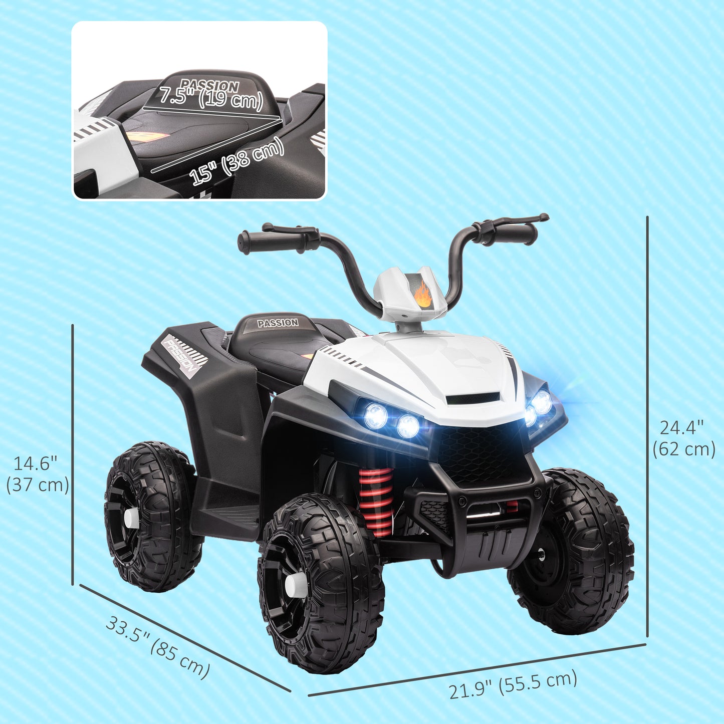 12V Kids ATV with Four Wheels Spring Suspension, Forward &; Backward, LED Light, MP3, Music, White Electric Ride On Toys   at Gallery Canada