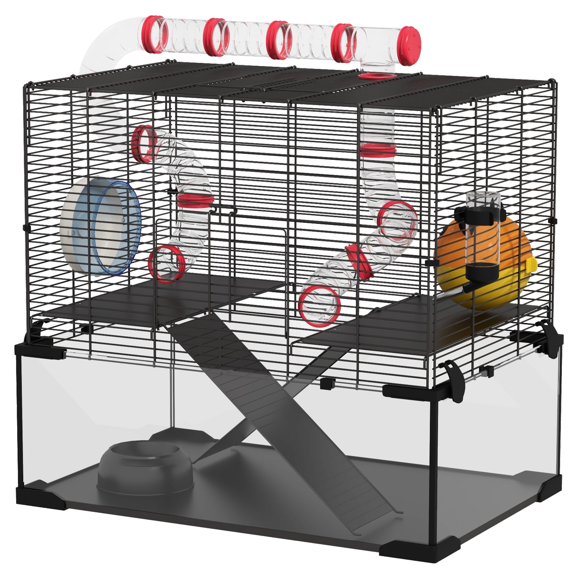 Hamster Cage with Deep Glass Bottom, Tunnel Tube System, Platforms, Hut, Exercise Wheel, Water Bottle, 24