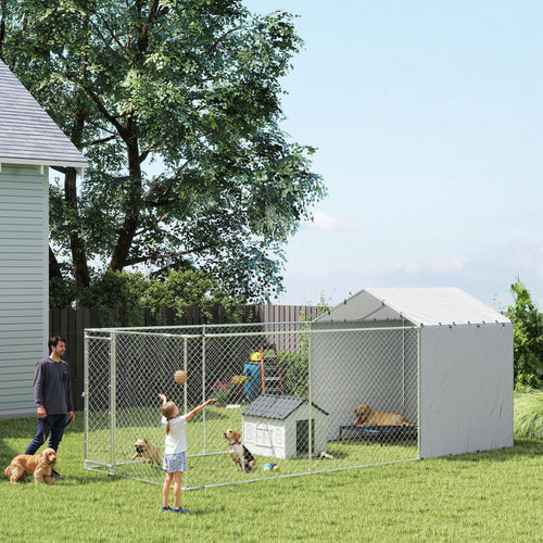 Galvanized Steel Dog Kennel Outdoor with Waterproof &; UV-Resistant Cover for Large Dogs, 19.7' x 7.5' x 7.5'