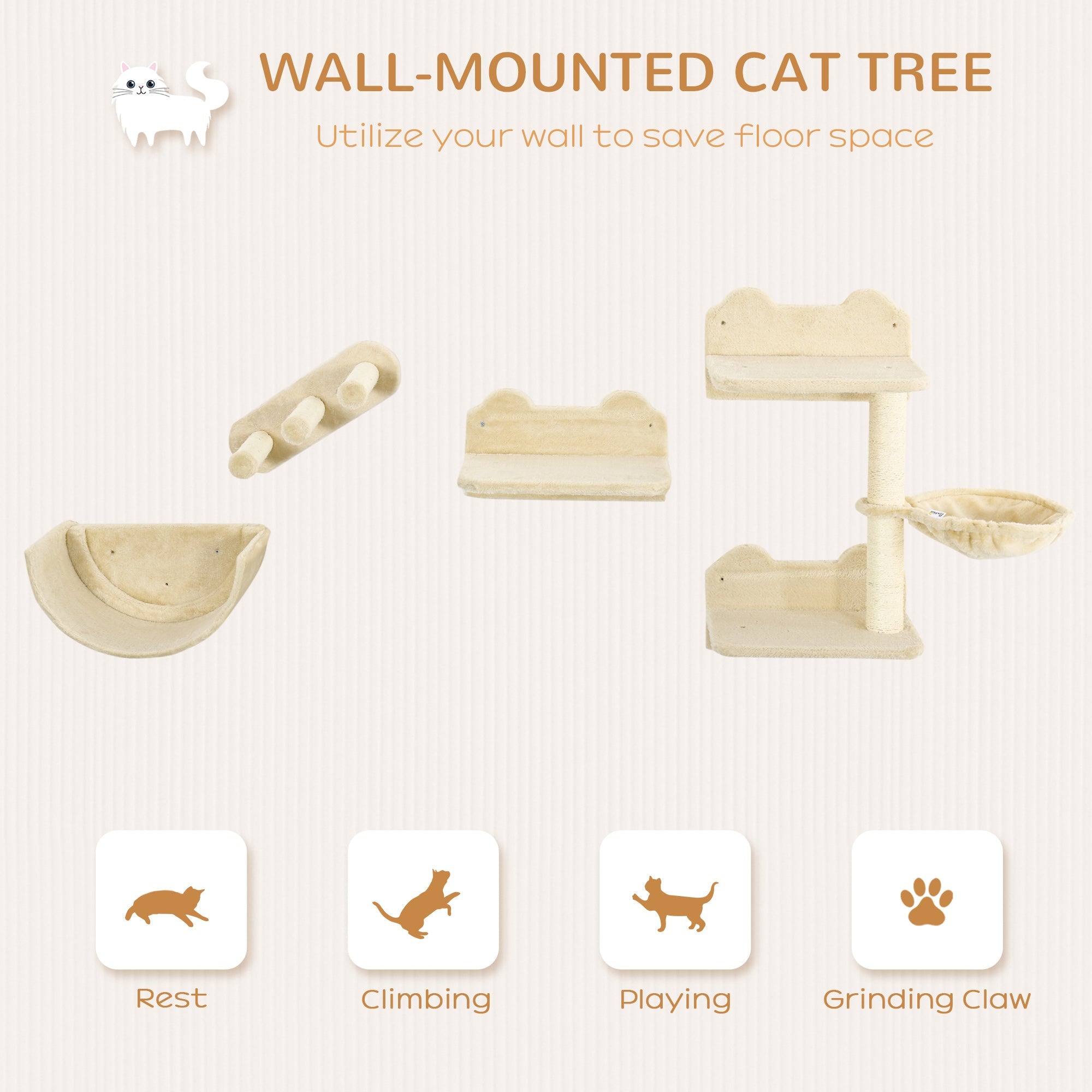 Cat Wall Climber with Hammock, Scratching Post, Steps, Shelves - Beige Cat Climbing Wall   at Gallery Canada