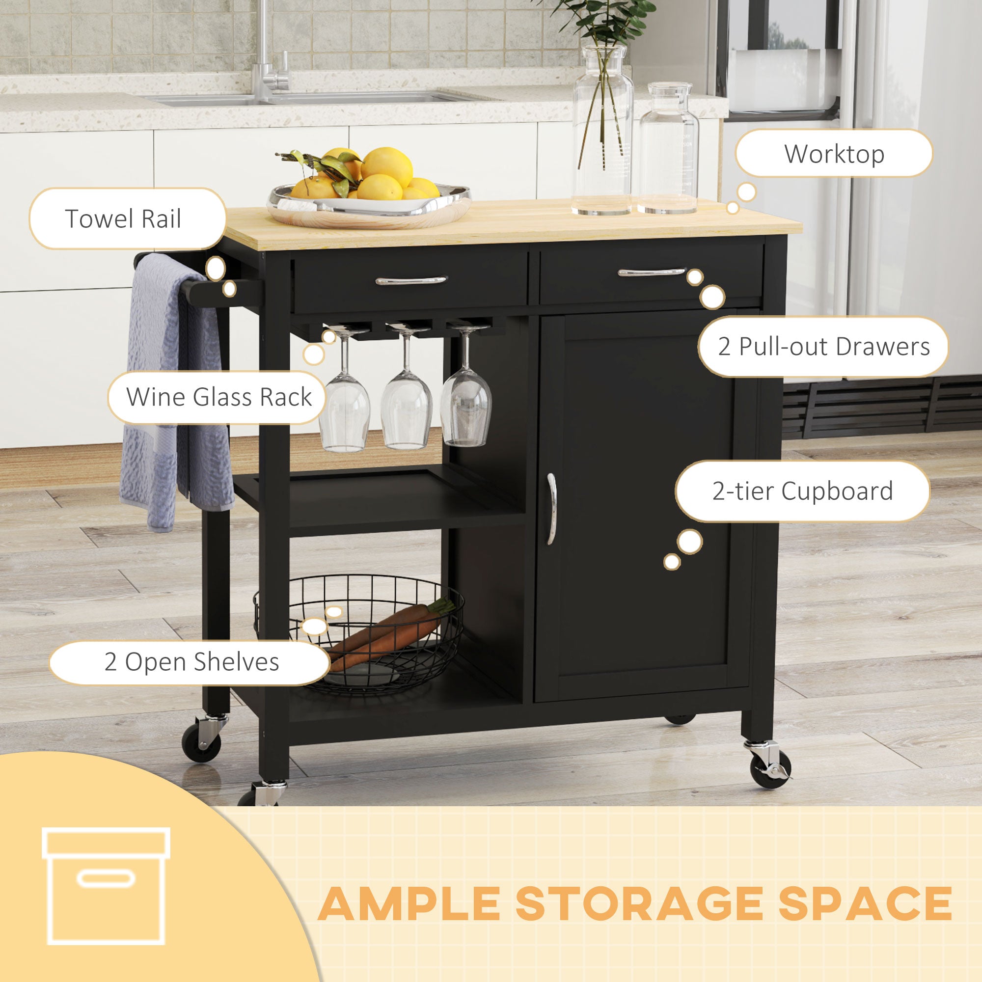 Kitchen Storage Trolley Cart Serving Cart 2 Drawers Wine Glass Rack Towel Rail Kitchen Islands & Kitchen Carts at Gallery Canada