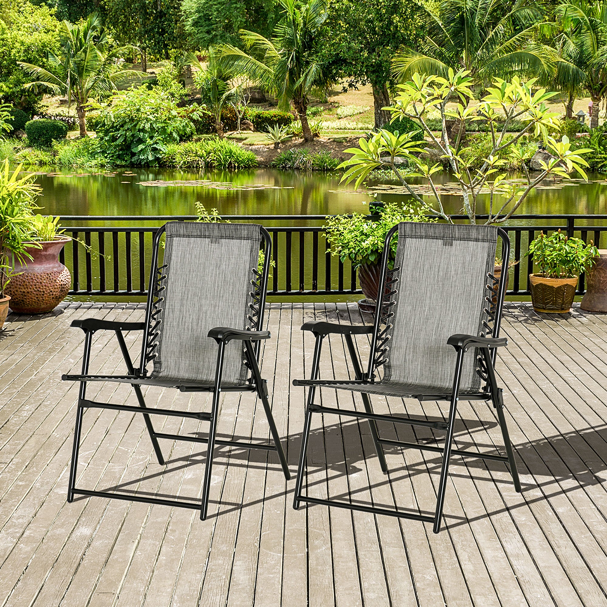 2 Pieces Outdoor Folding Patio Chair Set, Portable Camping Chairs with Armrests for Garden, Patio, Pool, Beach, Grey Patio Chairs at Gallery Canada