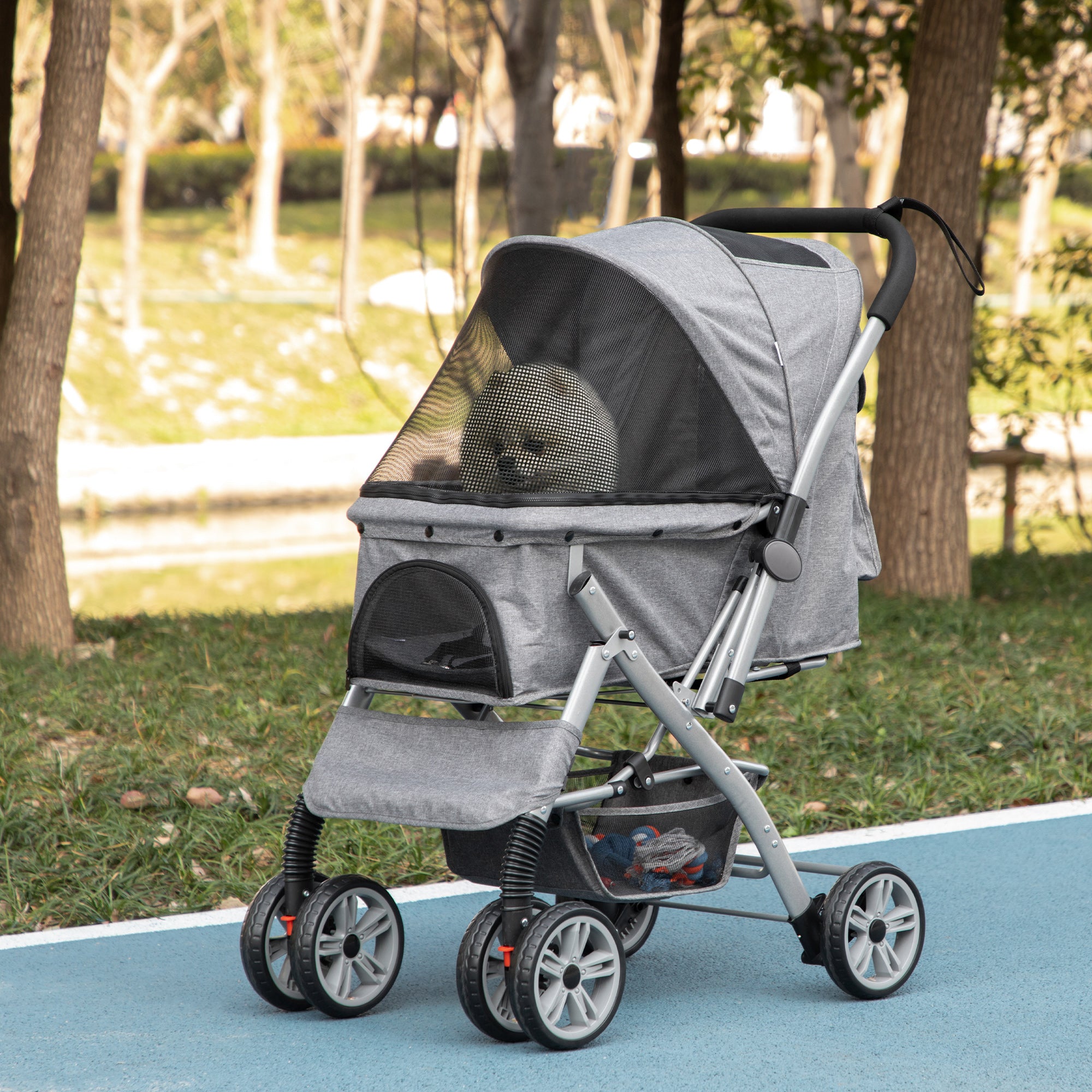 4 Wheels Pet Stroller w/ Reversible Handle, Foldable Dog Cat Travel Carriage w/ EVA Wheels Basket Storage Bag 3-stage Canopy Grey Dog Bike Trailers & Strollers at Gallery Canada