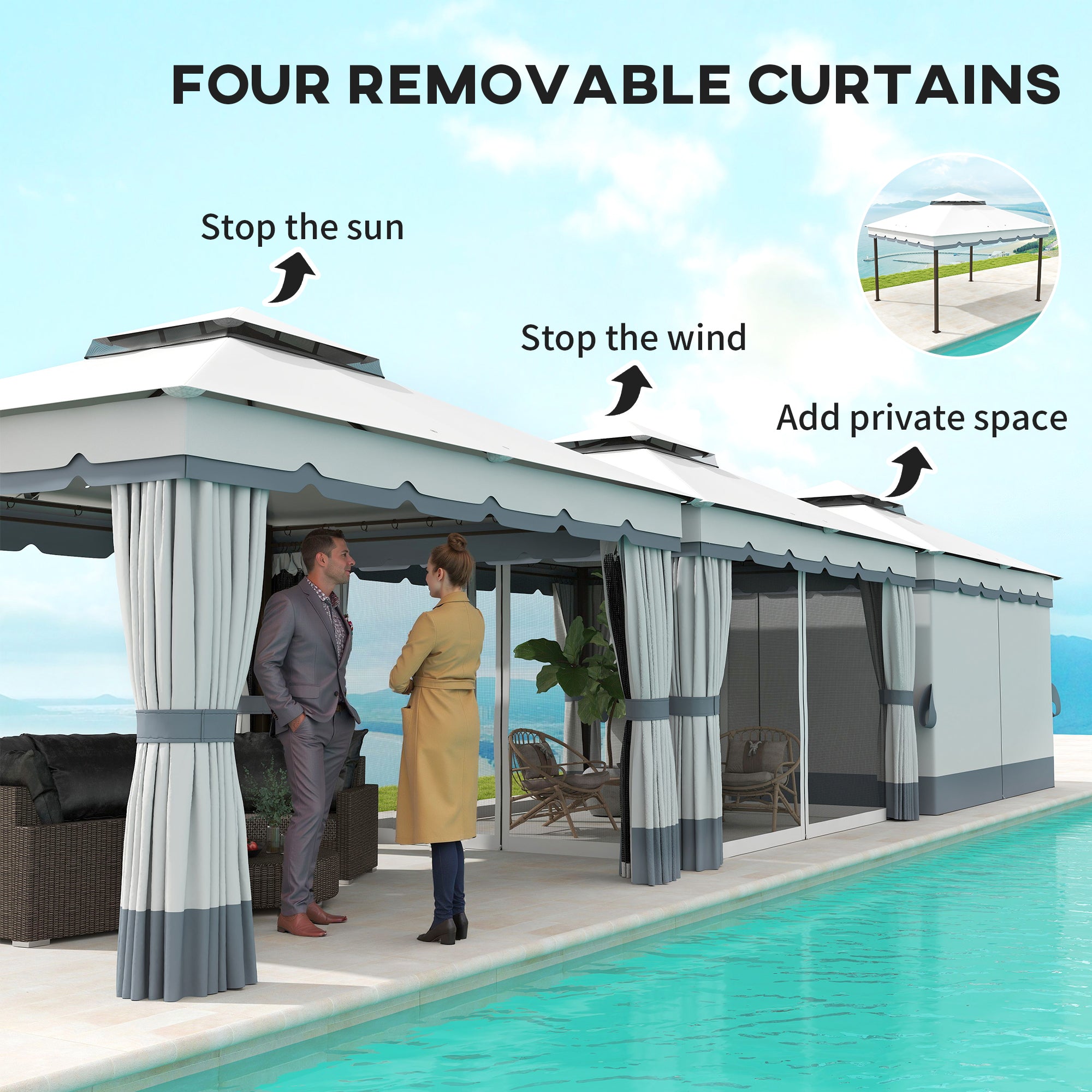 10' x 12' Double Roof Patio Gazebo Canopy, Outdoor Gazebo Shelter with Netting &; Curtains, for Garden, Lawn and Deck Gazebos at Gallery Canada