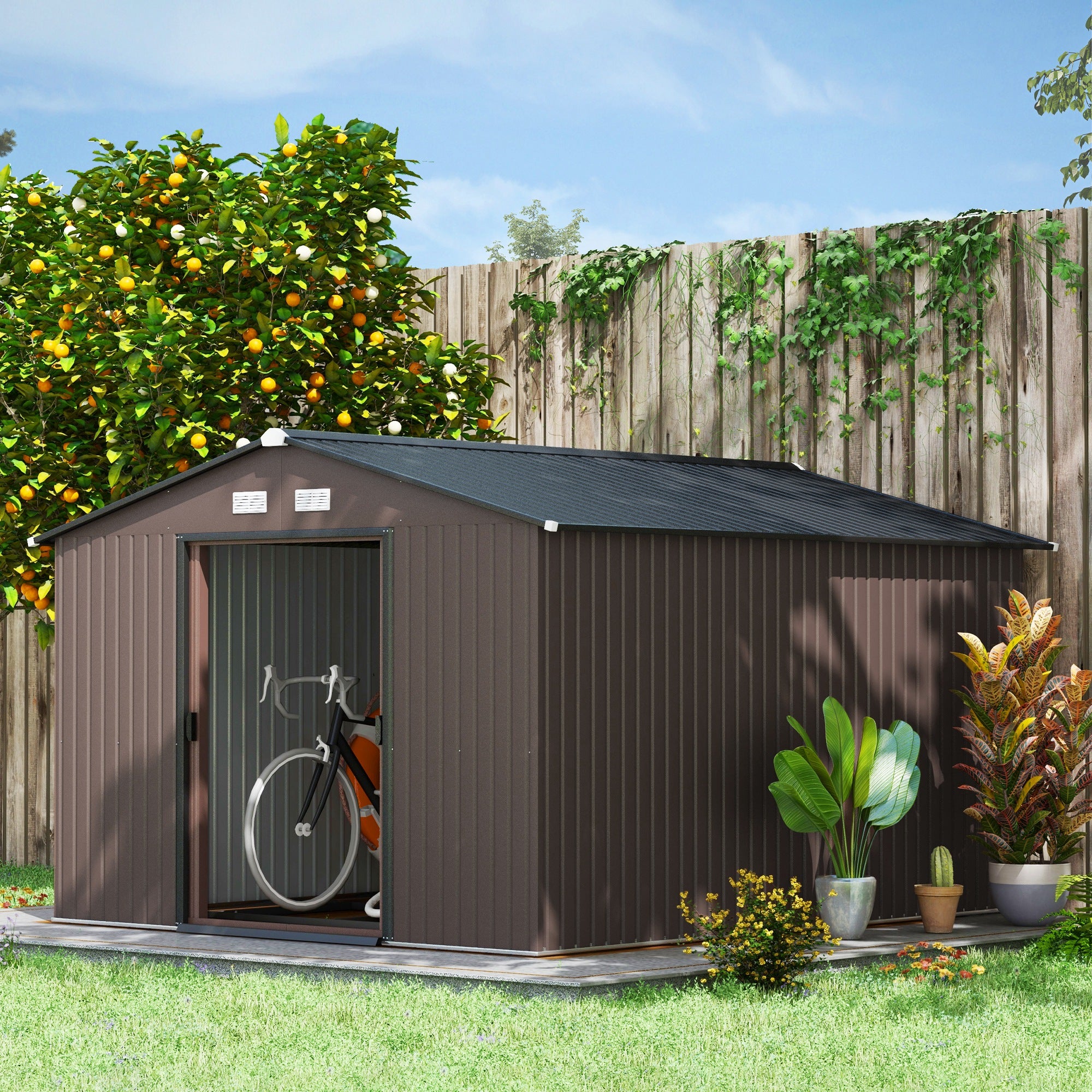 9' x 10.6' Garden Storage Shed w/ Foundation Kit Metal Tool Storage House w/ Double Doors Brown Sheds at Gallery Canada