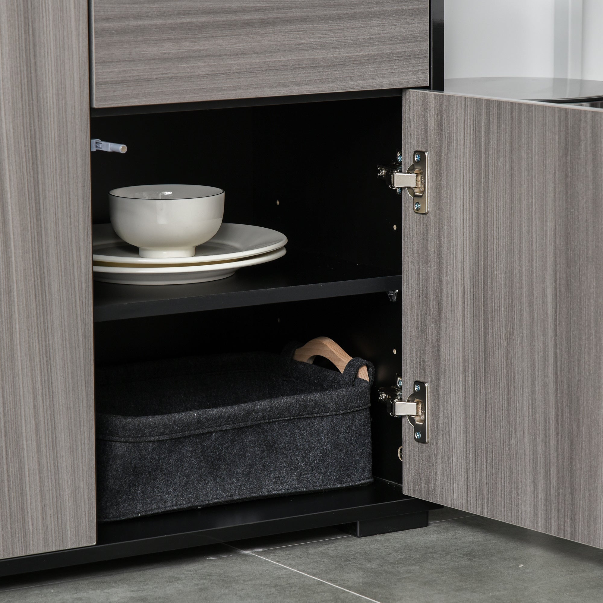 High Gloss Buffet Sideboard with 2 Drawers, 2 Doors and Adjustable Shelf, Kitchen Storage Cabinet with Push Open Design, Grey and Black Bar Cabinets at Gallery Canada