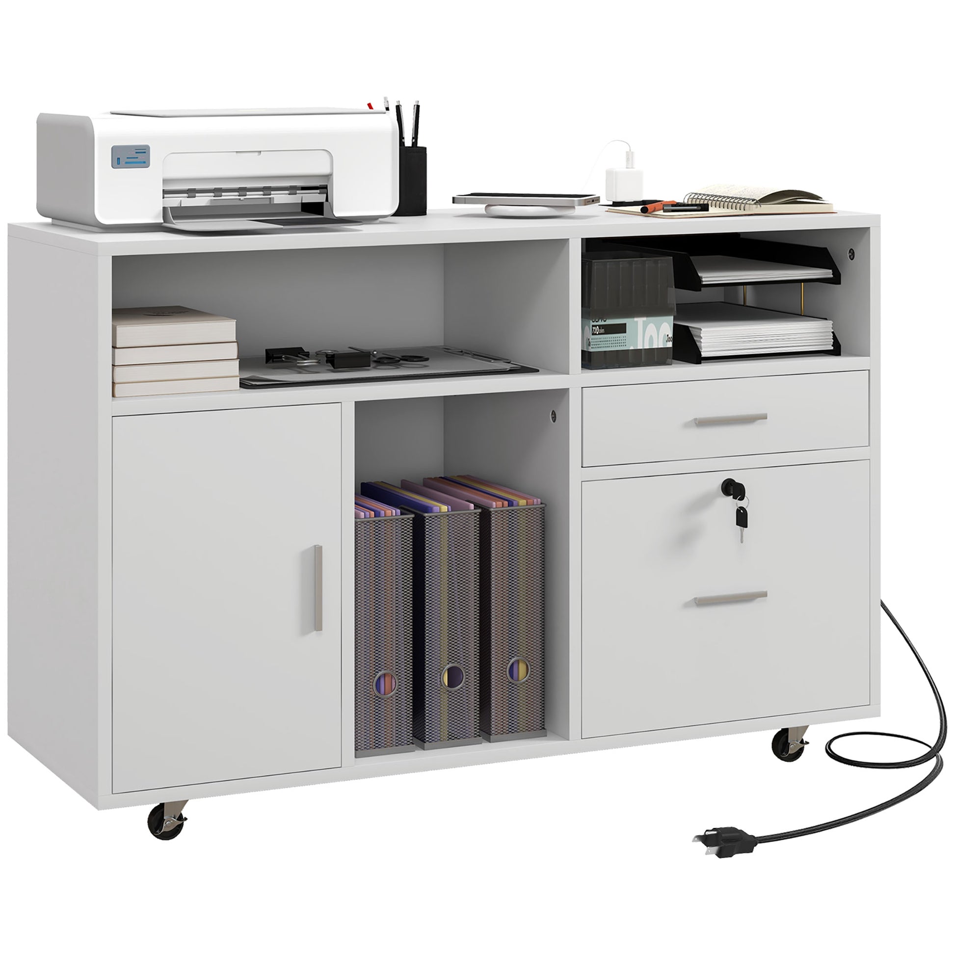 Mobile Printer Stand with Charging Station and USB Ports, Locking Filing Cabinet for A4 and Letter Size, White Office Cabinets & Cupboards   at Gallery Canada