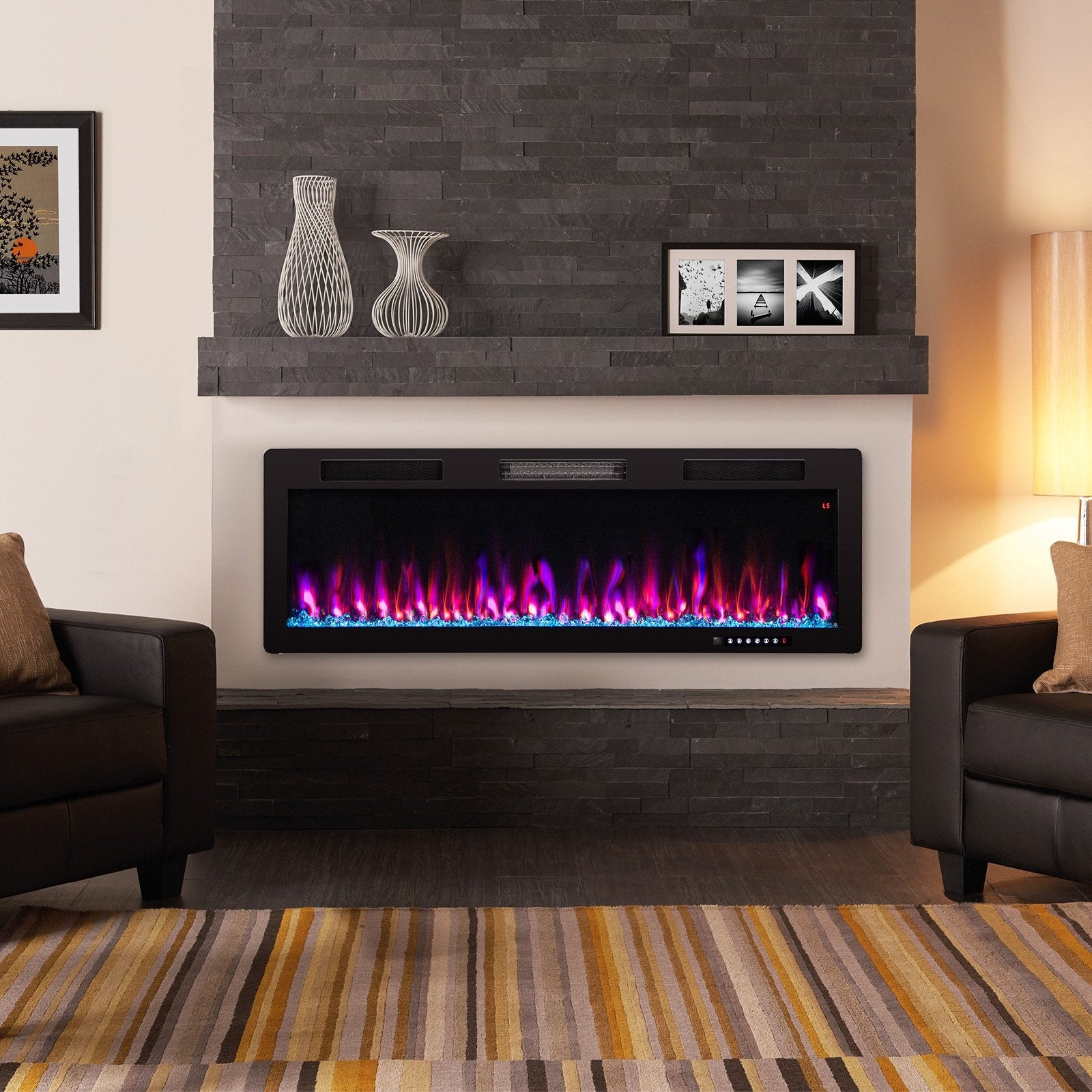 Electric Fireplace 40/50/60 Inches Recessed and Wall Mounted for 2' x 6' Stud-50 inches, Black Fireplaces   at Gallery Canada