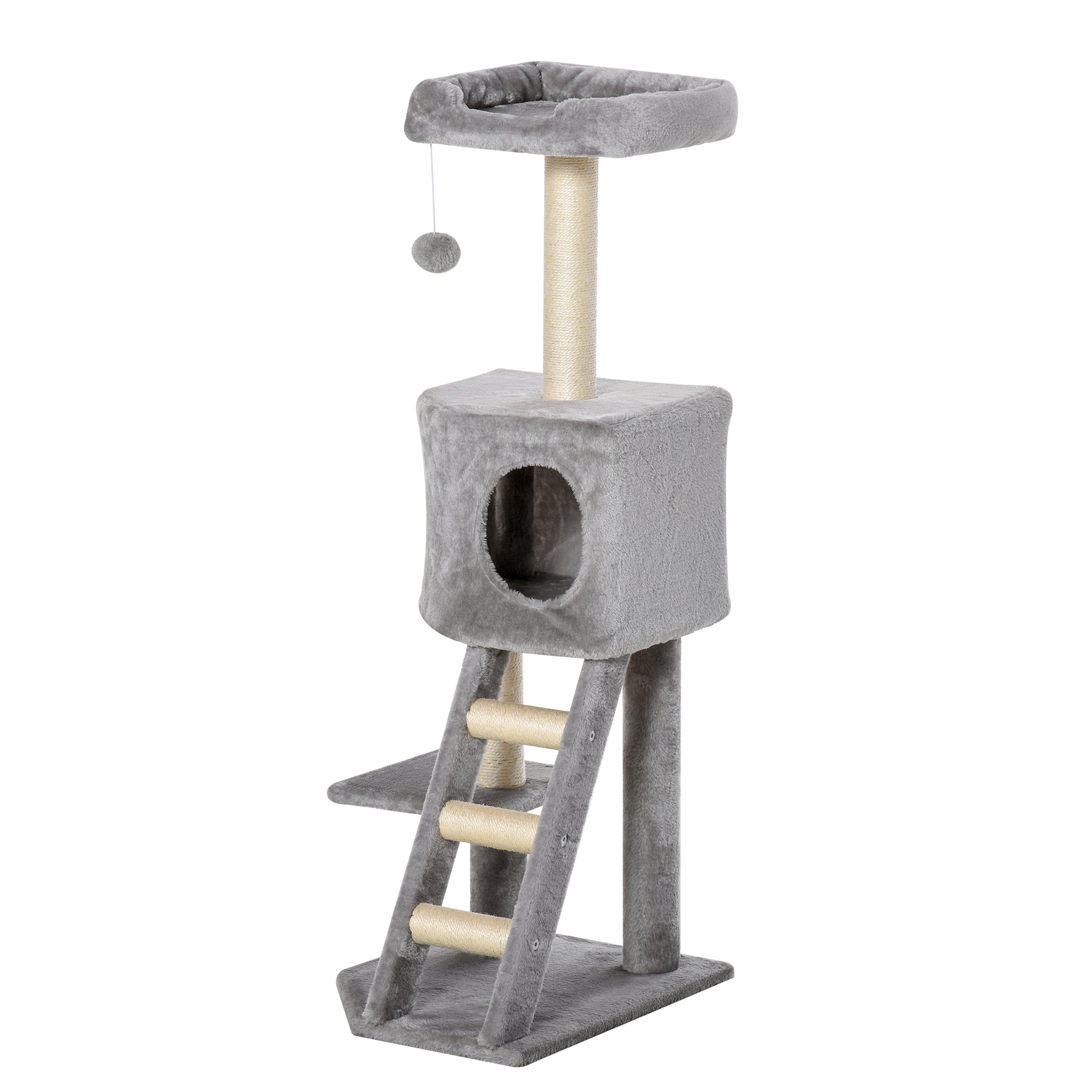 47" Tall Cat Tree Tower with Condo, Ladder, Scratching Posts and Hanging Ball, Light Grey Cat Towers   at Gallery Canada