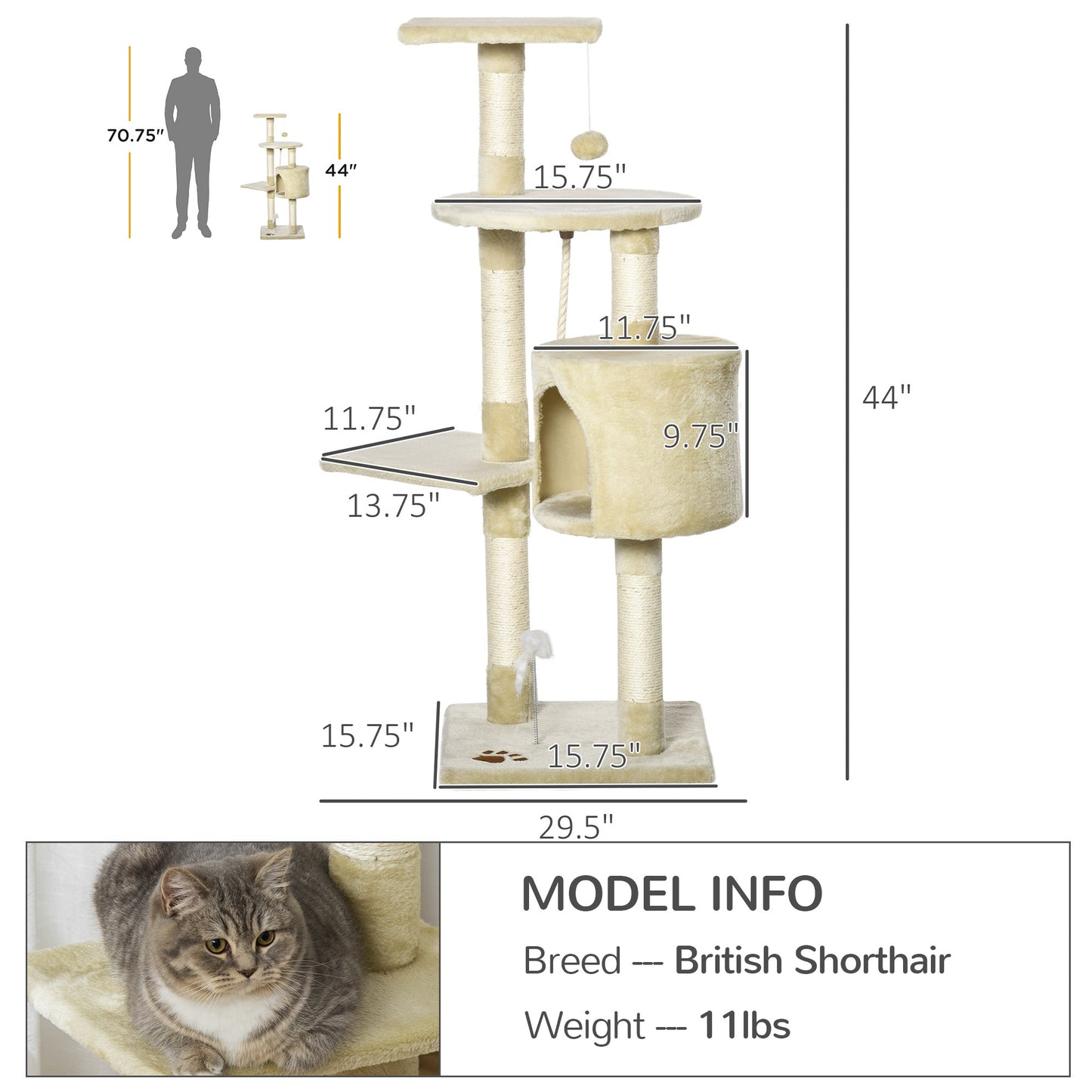 44" Scratching Cat Tree Multi Level Activity Center Kitty Condo Furniture Post Beige Cat Posts Beige  at Gallery Canada