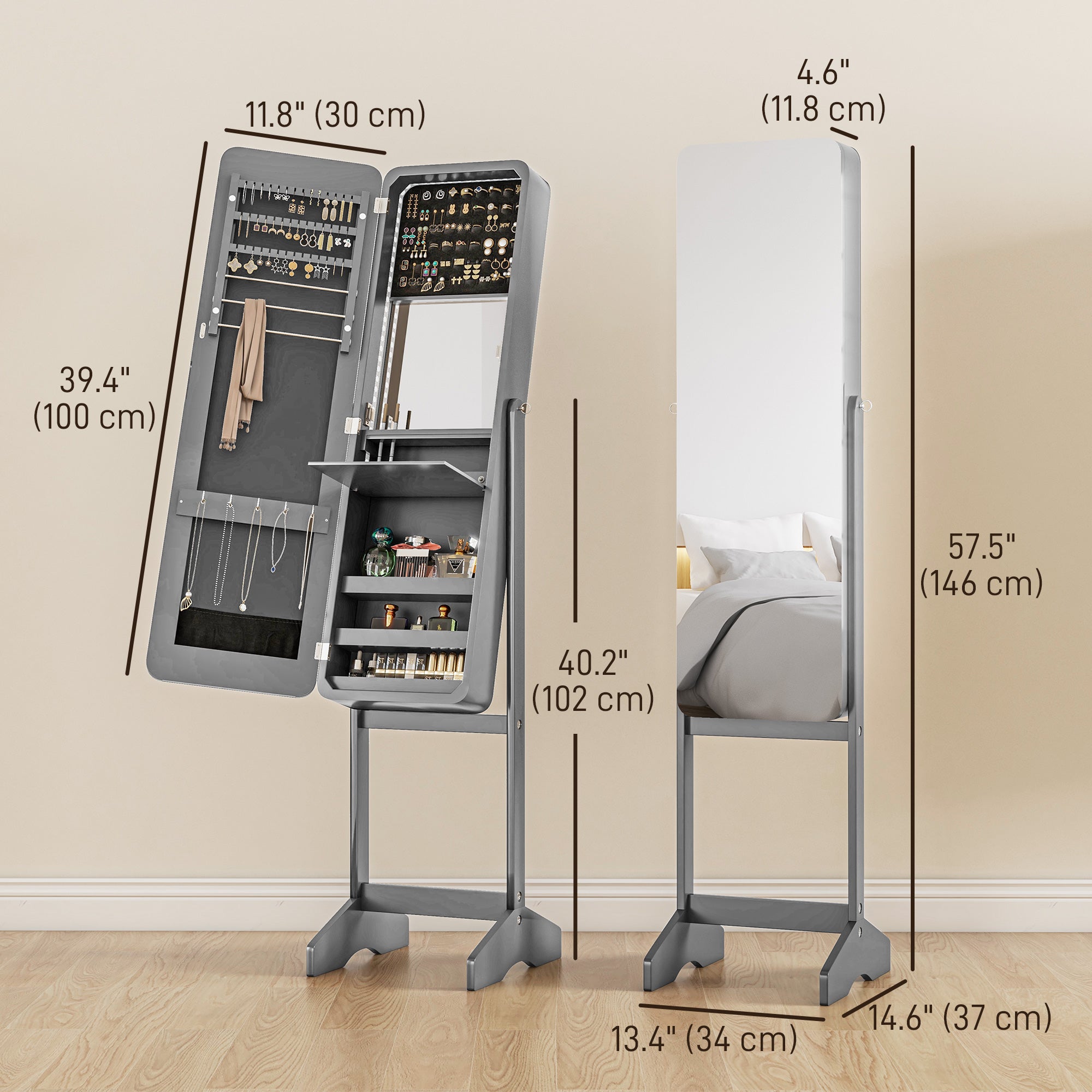 Standing Mirror Jewelry Cabinet, Jewelry Storage Cabinet with LED Lights and Angle Adjustable Full Length Mirror, Grey Jewelry Armoire & Jewellery Mirror Cabinets   at Gallery Canada