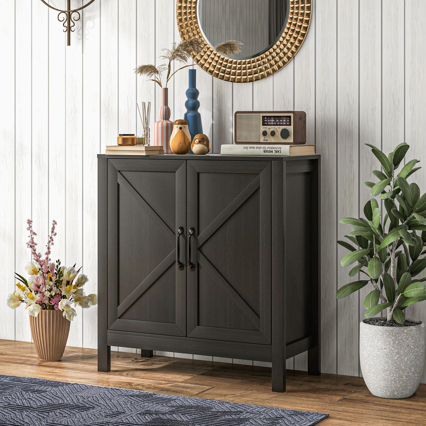 Sideboard Buffet, Kitchen Storage Cabinet with Barn Door and Adjustable Shelves, Storage Pantry, Black Oak Bar Cabinets   at Gallery Canada