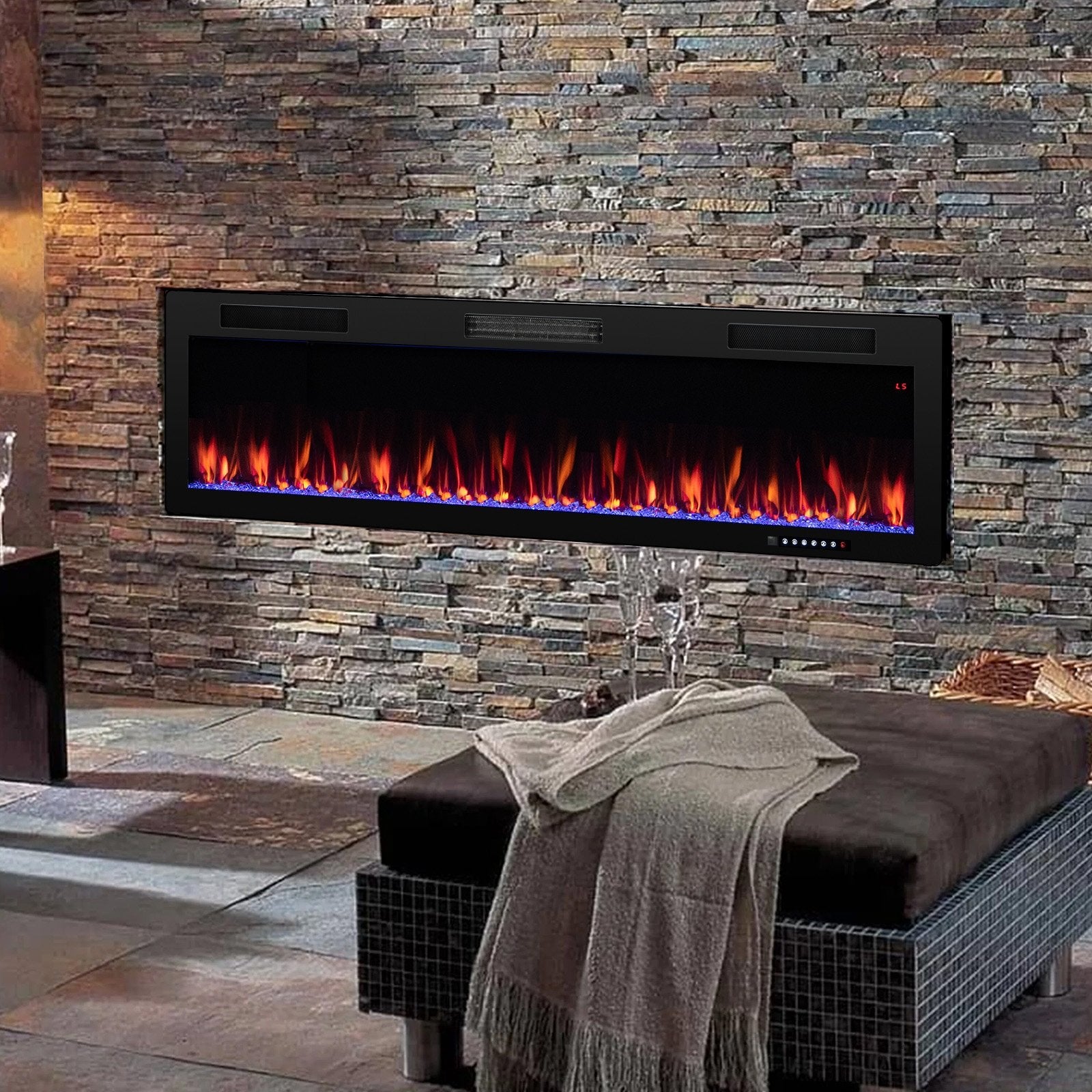 Electric Fireplace 40/50/60 Inches Recessed and Wall Mounted for 2' x 6' Stud-60 inches, Black Fireplaces   at Gallery Canada