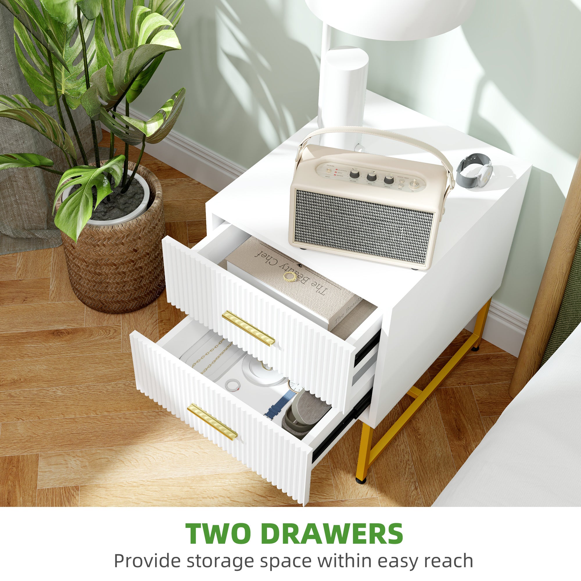 2 Pieces Nightstands with Storage, Modern Bedside Tables with 2 Fluted Drawers and Gold Legs for Bedroom, White Bedside Tables at Gallery Canada