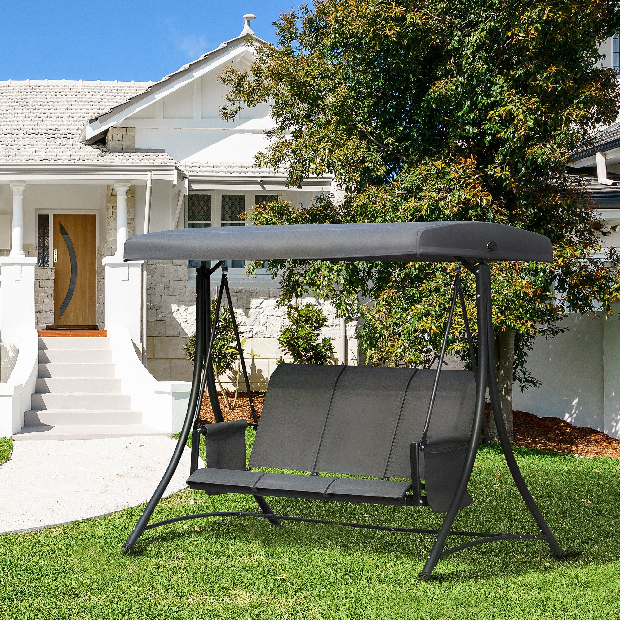 3 Person Porch Swing Outdoor Swing Chair with High Back Design, Side Pouches and Adjustable Canopy, Dark Grey Patio Swings with Stand at Gallery Canada
