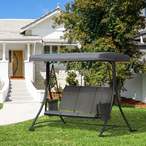3 Person Porch Swing Outdoor Swing Chair with High Back Design, Side Pouches and Adjustable Canopy, Dark Grey