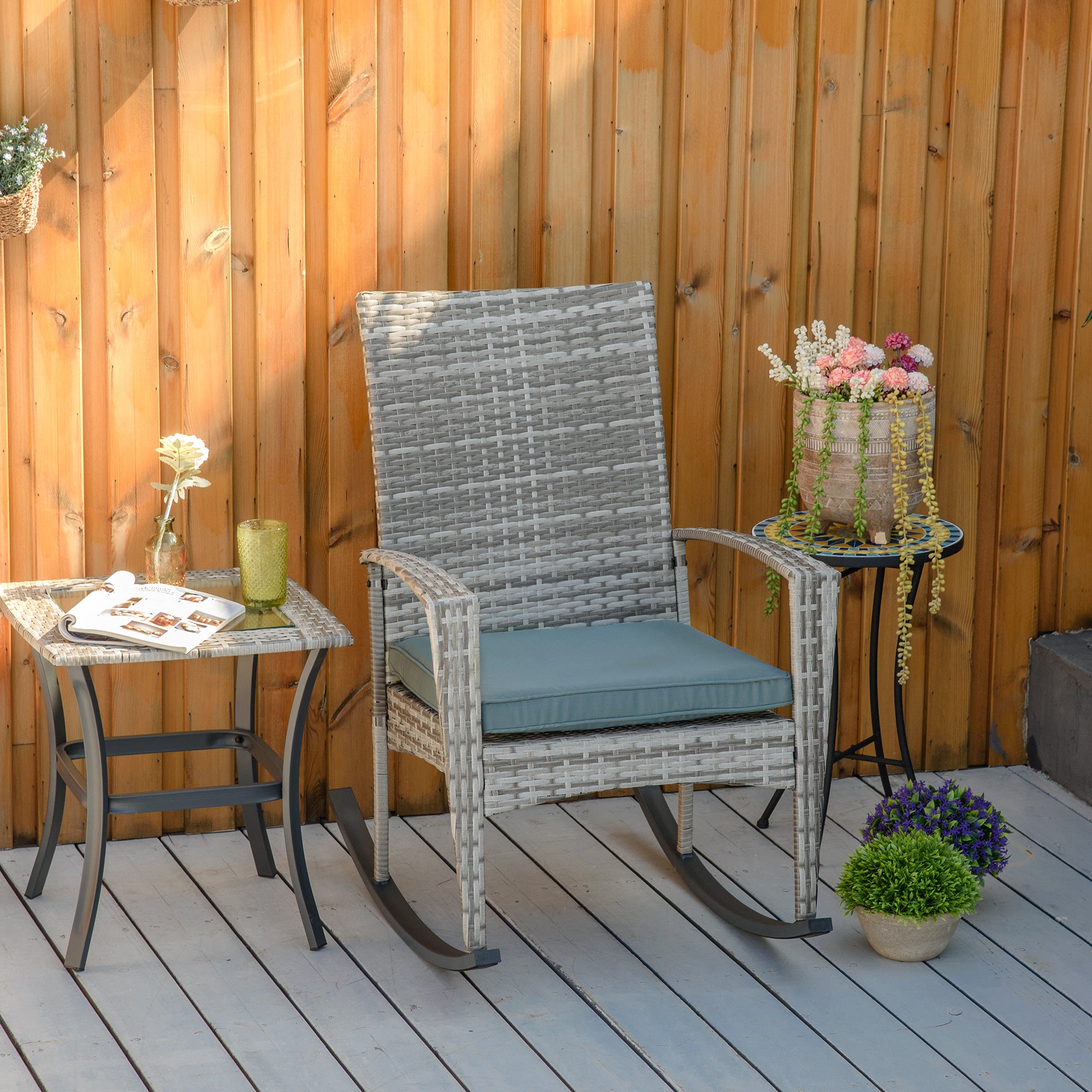Outdoor PE Rattan Rocking Chair, Garden Glider Rocking Chair, Wicker Patio Chair Set with Armrest and Cushion, Grey Patio Chairs at Gallery Canada