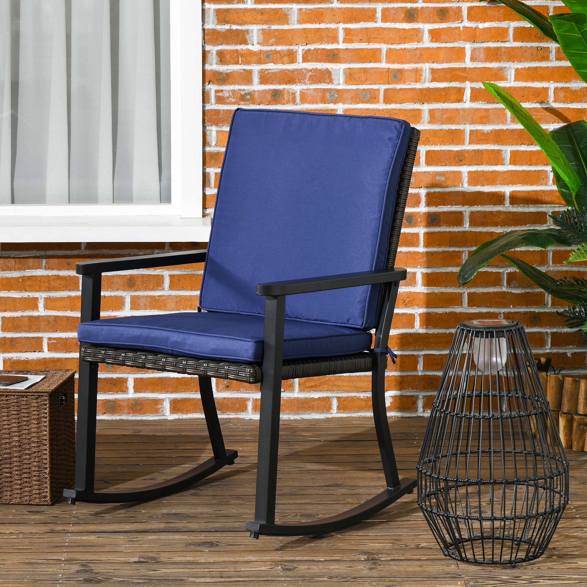 Patio Wicker Rocking Chair, Outdoor PE Rattan Rocking Chair with High Back, Armrest, Seat Cushion, Blue Outdoor Rocking Chairs   at Gallery Canada