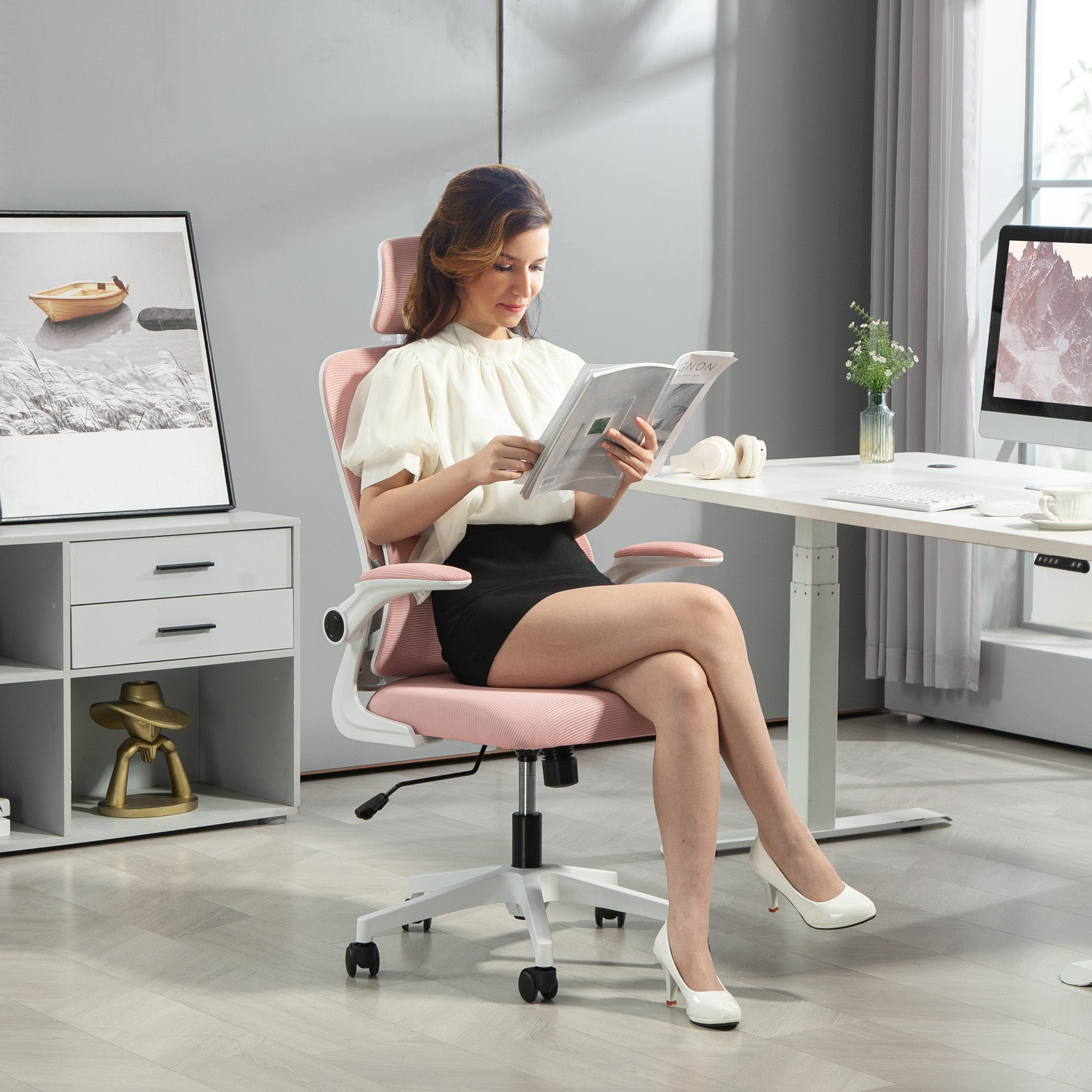 High Back Office Chair, Mesh Computer Desk Chair with Rotatable Headrest, Lumbar Back Support, Adjustable Height, Pink Executive & Manager Chairs at Gallery Canada