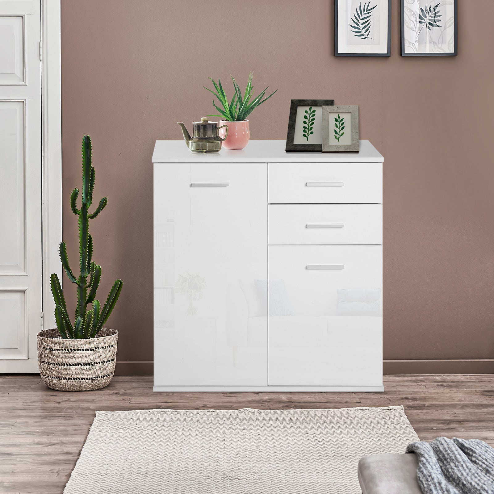 High Gloss Sideboard with 2 Drawers and 2 Doors, Buffet Cabinet with Adjustable Shelf, Coffee Bar Cabinet with Storage, White Storage Cabinets at Gallery Canada