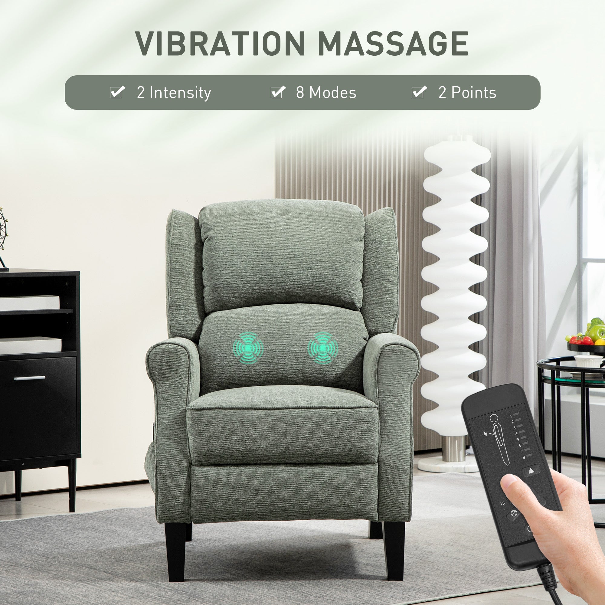 Push Back Recliner Chair, Vibration Massage Recliner for Living Room with Extendable Footrest, Remote, Dark Green Sofas & Reclining Chairs at Gallery Canada