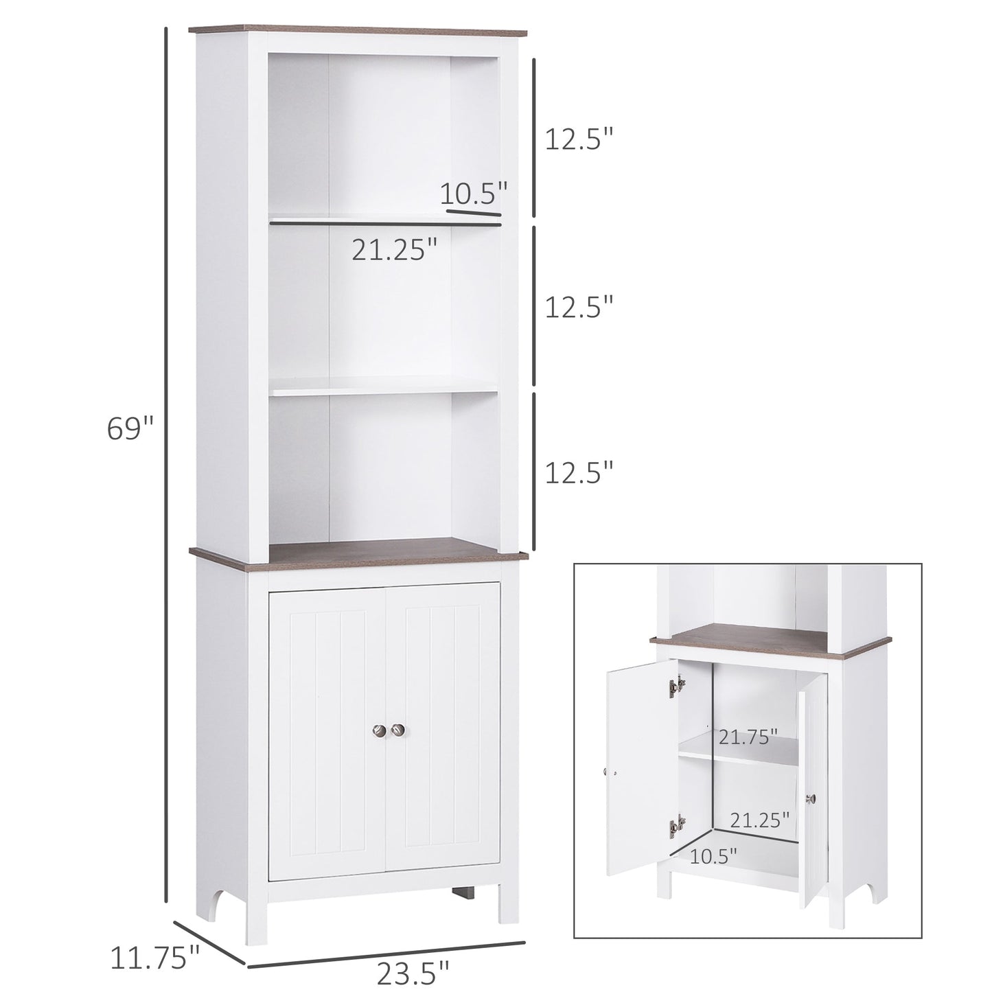 69"Tall Bathroom Storage Cabinet, Bathroom Floor Cabinet with 3 Open Shelves and Double Door Cupboard, White White Bookshelves   at Gallery Canada