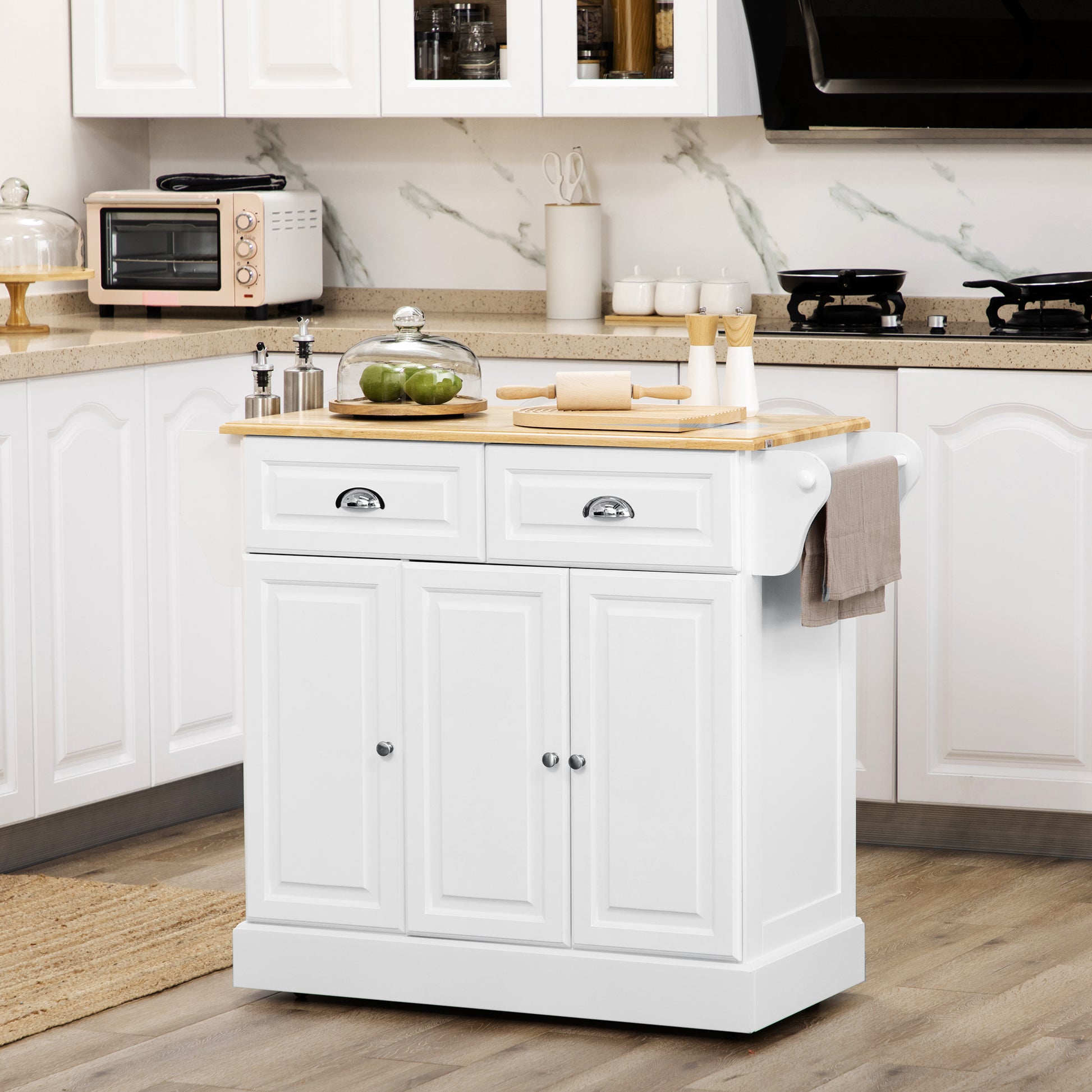 Kitchen Island with Storage Rolling Kitchen Serving Cart with Rubber Wood Top Towel Rack Storage Drawer Cabinet White Kitchen Islands & Kitchen Carts White  at Gallery Canada