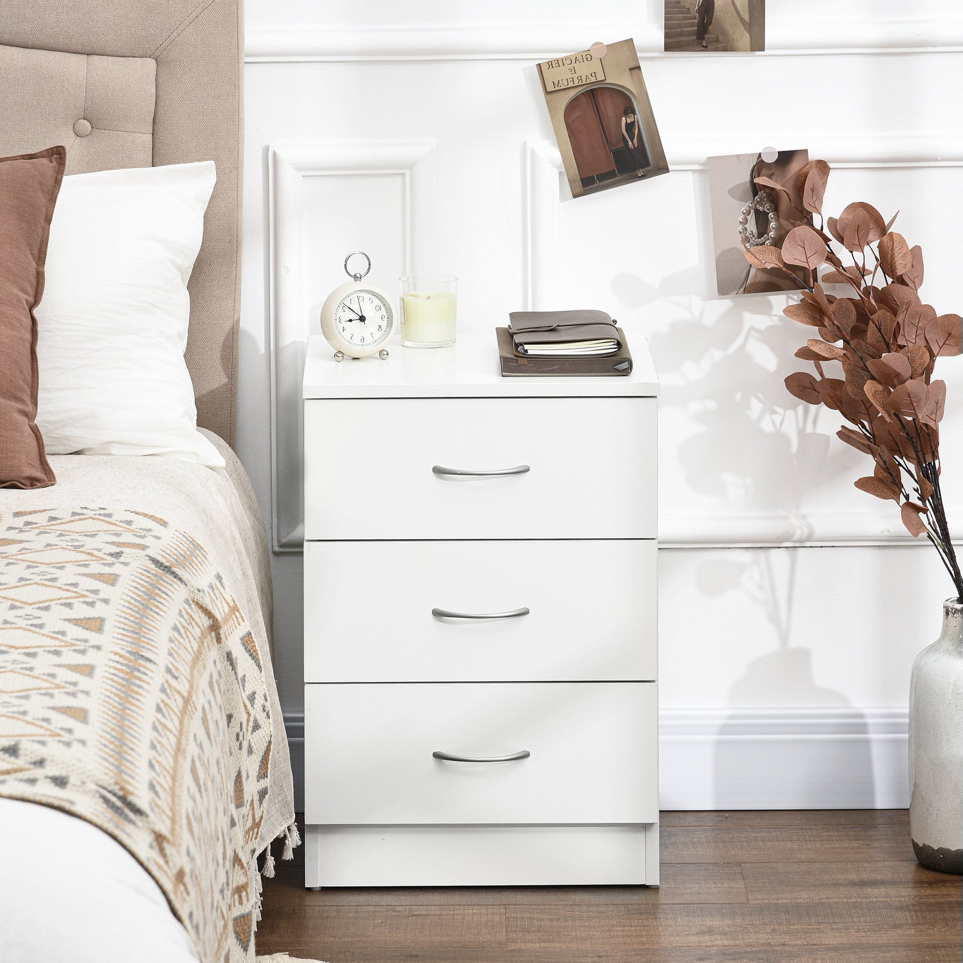 Bedside Table with 3 Drawers, Modern Wood Nightstand, Side Table with Anti-tipping Design for Bedroom, White Bedside Tables   at Gallery Canada