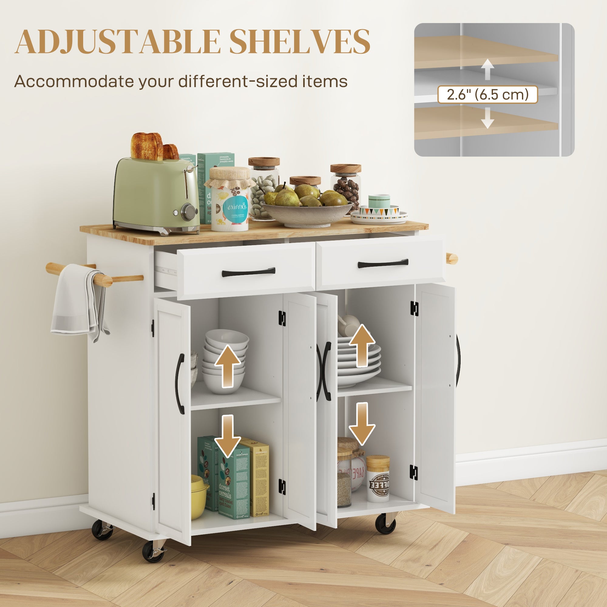 Kitchen Island on Wheels with Rubberwood Top, Rolling Kitchen Cart with 2 Drawers, 4 Doors and Adjustable Shelves Kitchen Islands & Kitchen Carts   at Gallery Canada