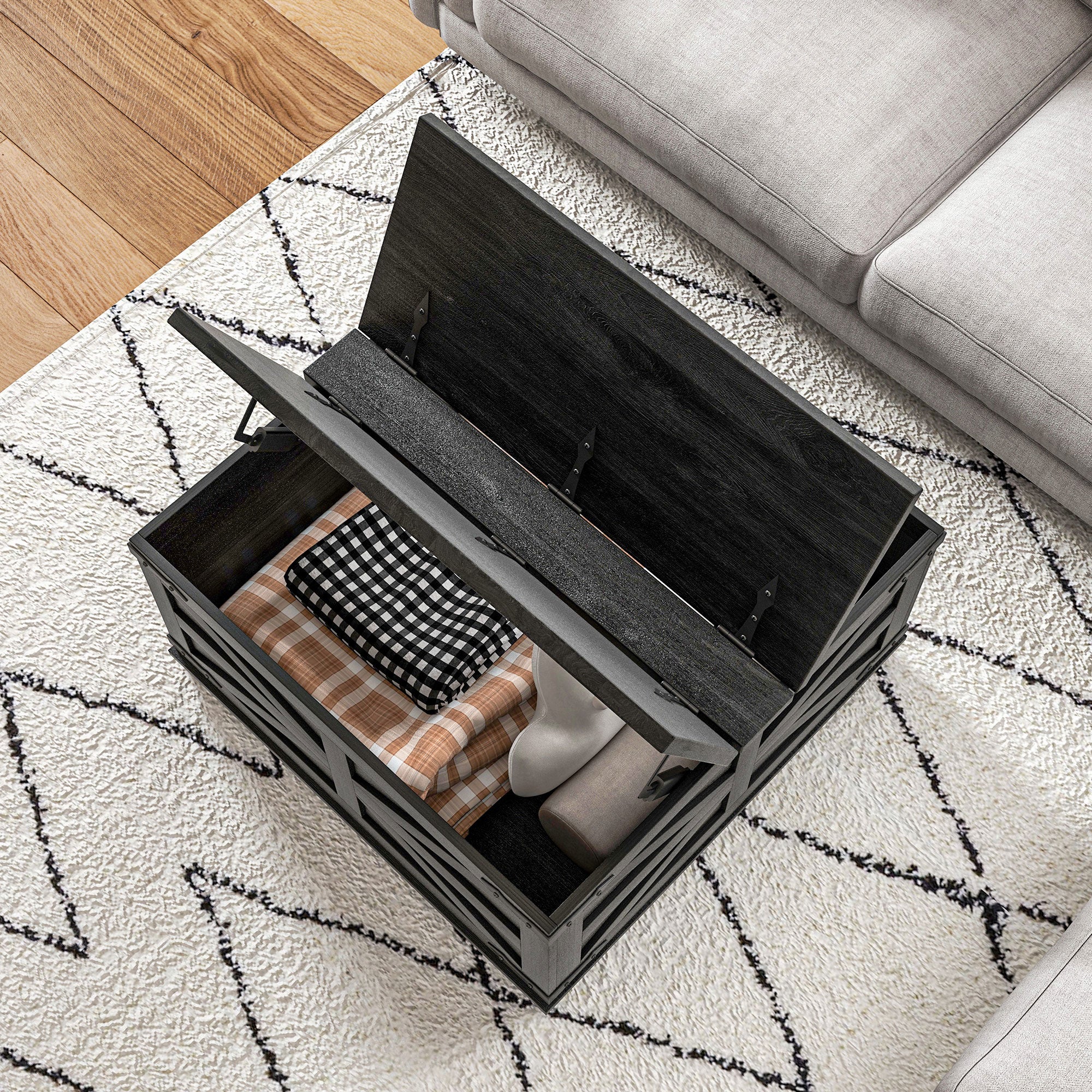 Farmhouse Coffee Table, Square Center Table with Flip-top Lids, Hidden Storage Compartment, Black Coffee Tables   at Gallery Canada