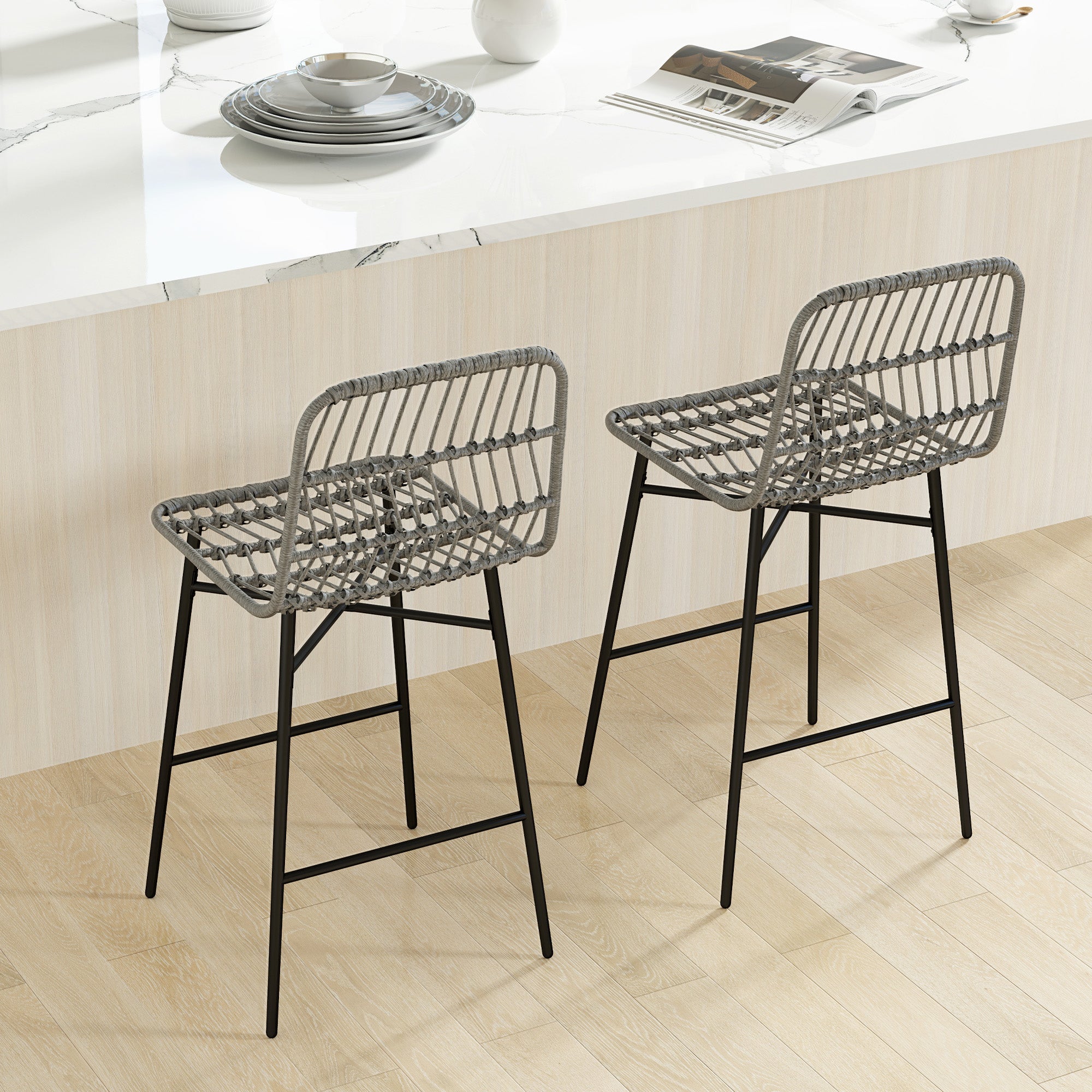 Rattan Counter Height Bar Stools Set of 2, 26