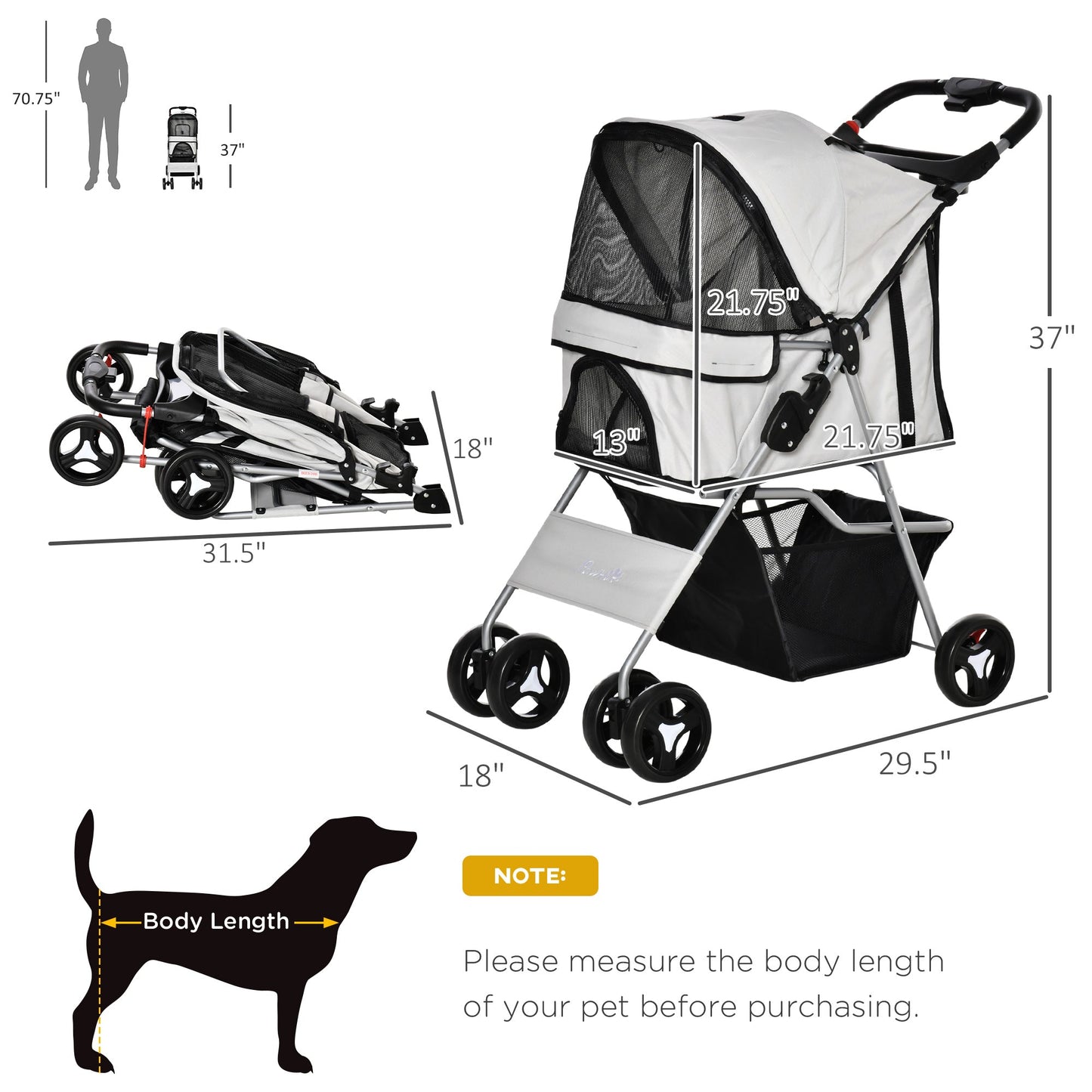 Foldable Pet Stroller Carrier with 4 Wheels, Cup Holder, Storage Basket, Grey Dog Bike Trailers & Strollers   at Gallery Canada