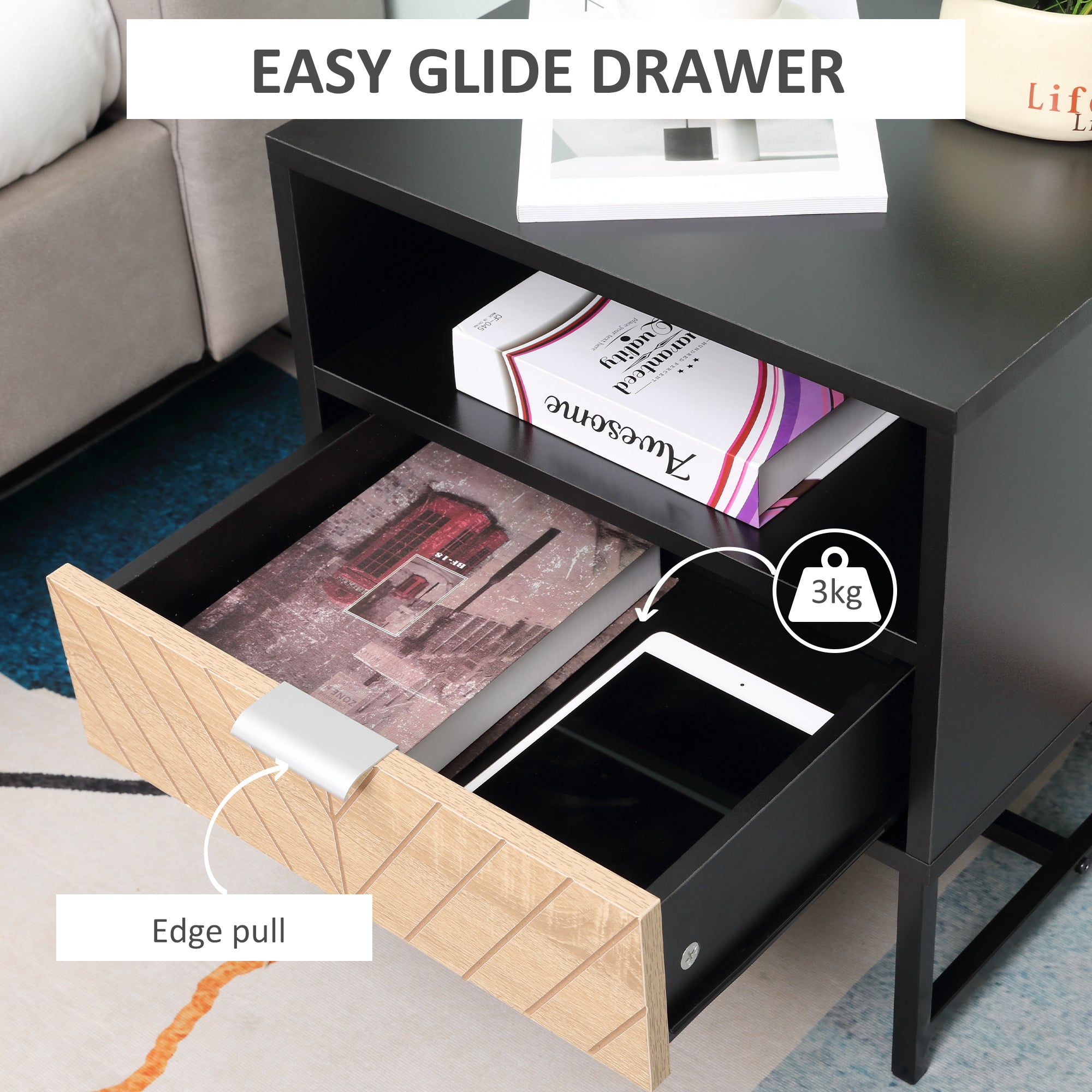 Modern Bedside Table with Drawer, Nightstand with Storage Shelf, Sofa End Table for Bedroom, Black and Oak Bedside Tables at Gallery Canada