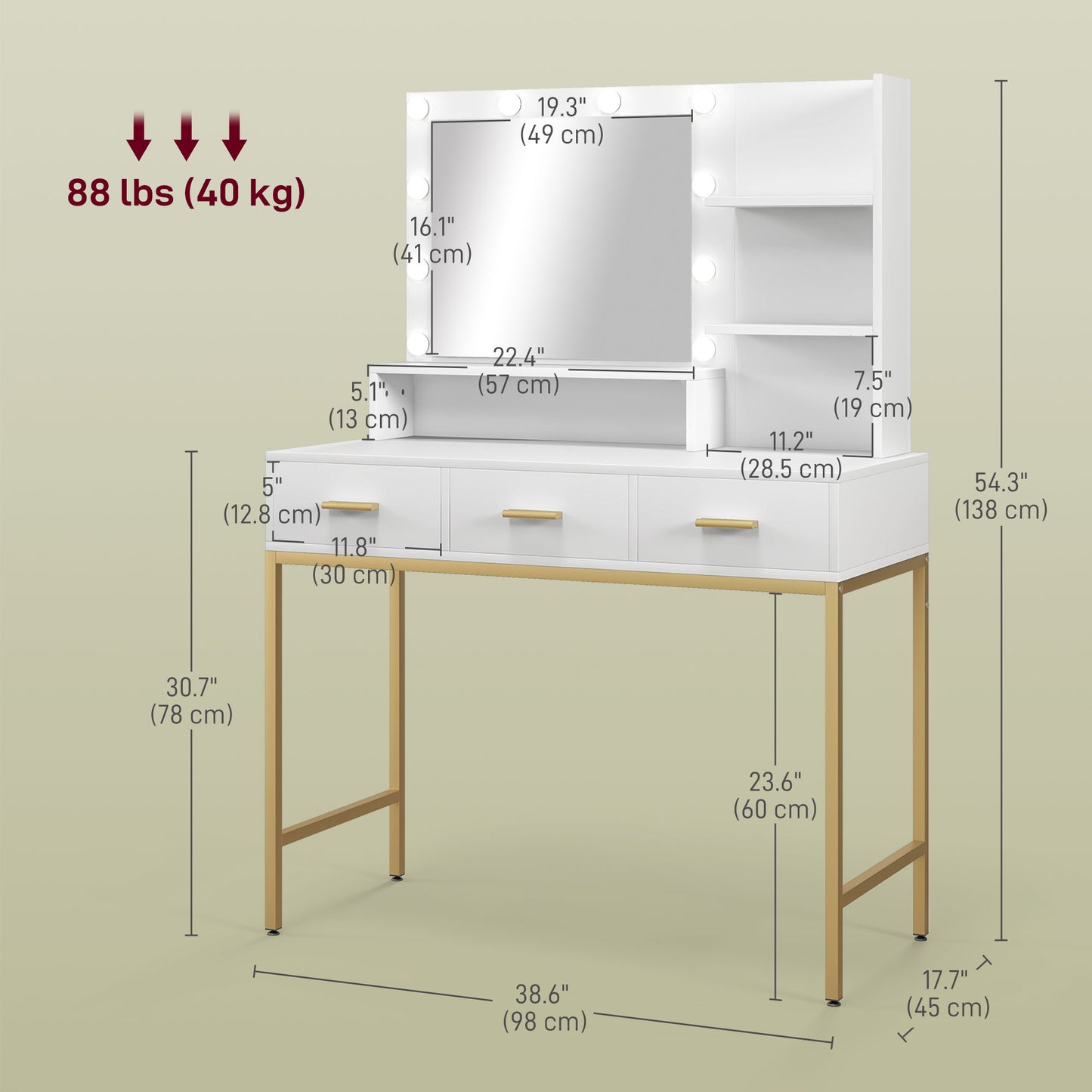 Illuminated Dressing Table, LED Vanity Table with Mirror, 3 Drawers and Storage Shelves for Bedroom, White Dressing & Vanity Tables   at Gallery Canada