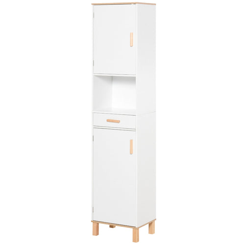 Bathroom Storage Cabinet with Cupboards and Drawer, Floor Free Standing Linen Tower, Tall Slim Side Organizer Shelves, White