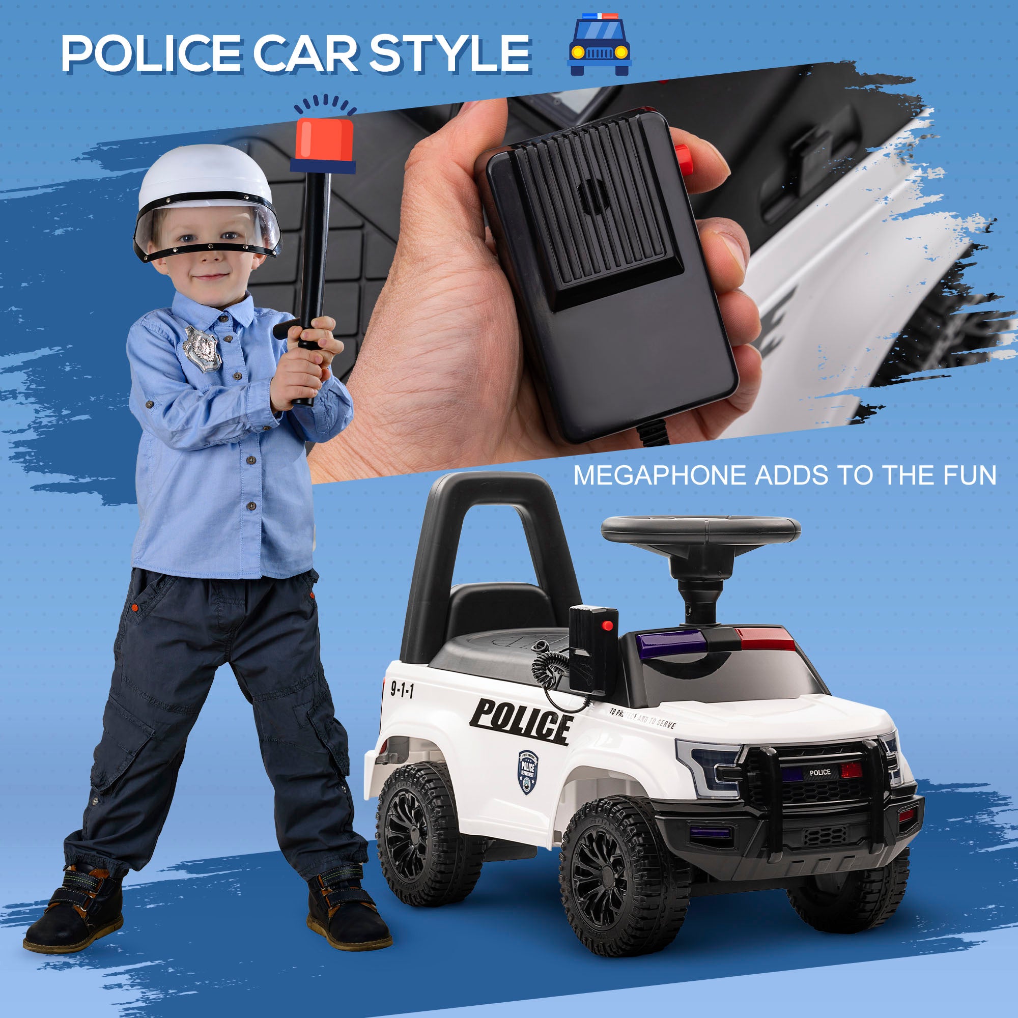 Kids Ride On Sliding Car with Hidden Under Seat Storage, Ride On Police Car for Toddler with Megaphone, Anti Dumping Device, Removable Backrest, Foot-to-Floor Design, White Push Cars for Toddlers at Gallery Canada