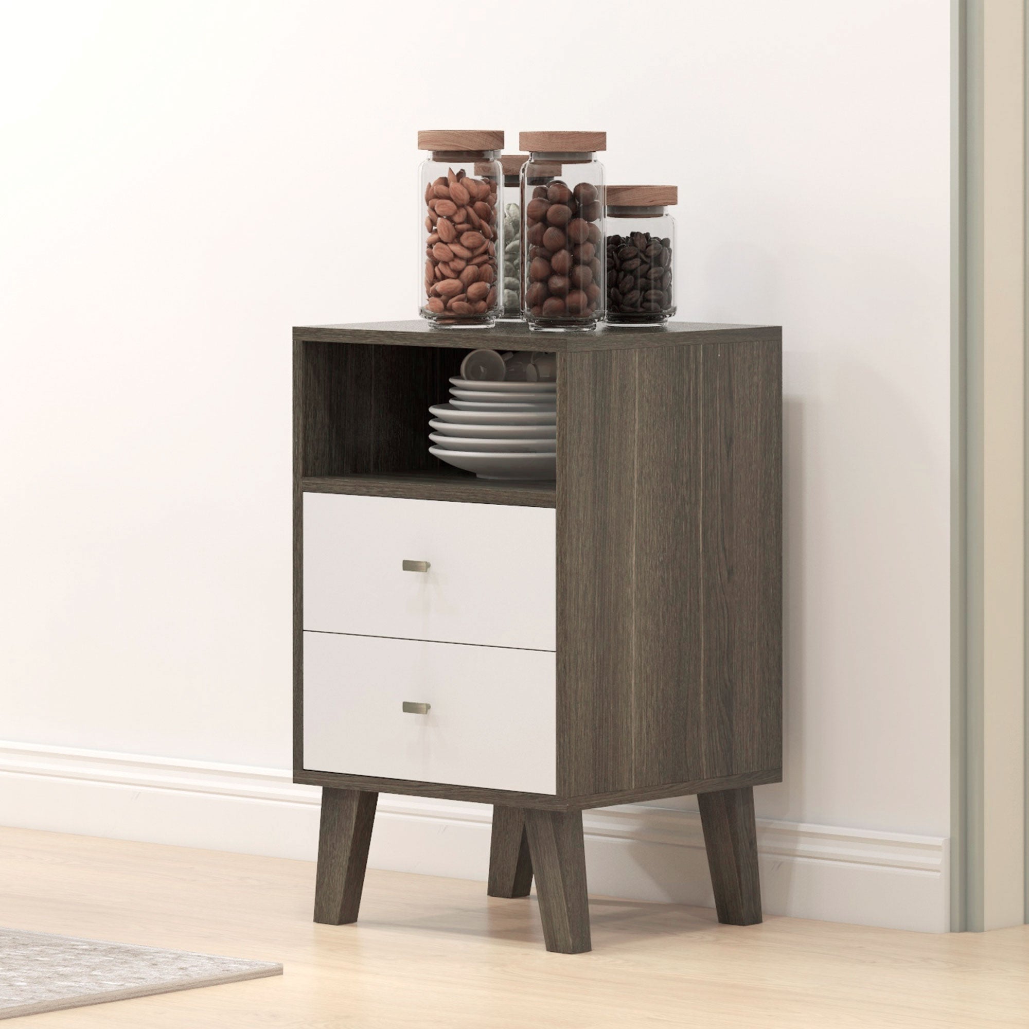 Nightstand Set of 2, Modern Bedside Table, Night Stand for Living Room with 3 Drawers and Open Storage, Grey Bedside Tables at Gallery Canada