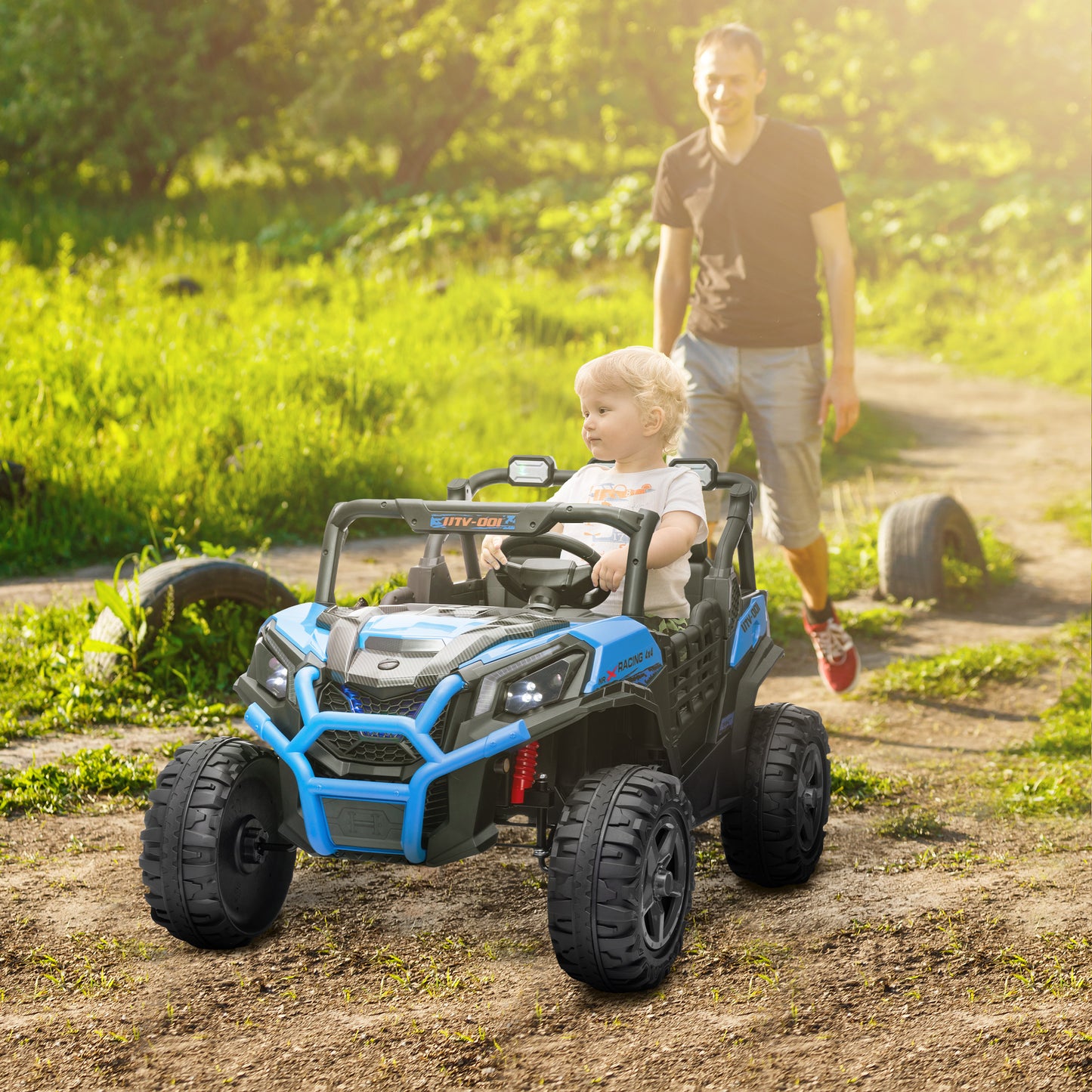 2 Seater 24V Electric Car for Kids w/ Remote Control, 3 Speed, LED Lights, Music, Horn, Spring Suspension, Blue Electric Toy Cars   at Gallery Canada