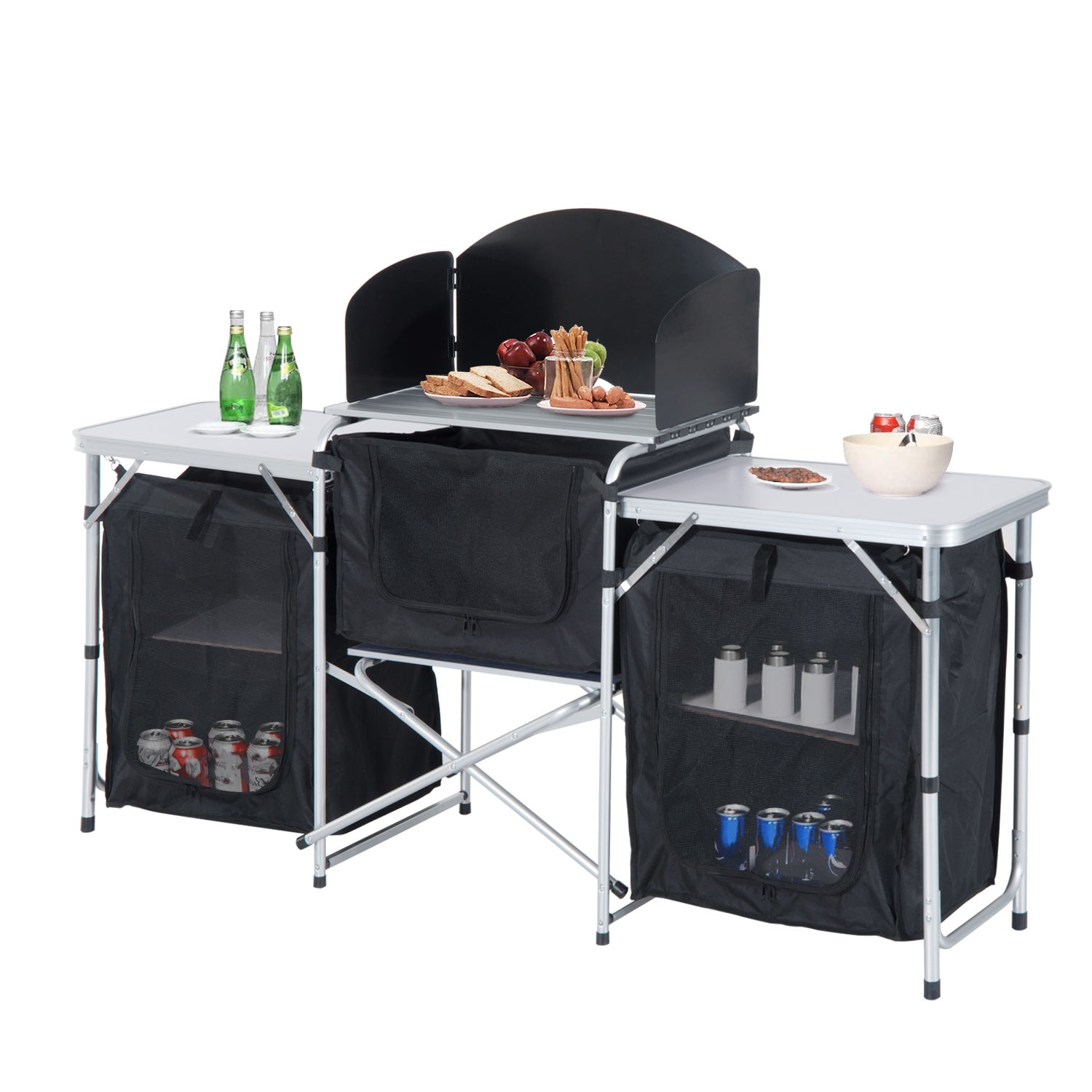 Folding Camping Kitchen Table with Carrying Bag, Windscreen and 3 Enclosed Cupboards, Aluminum Cook Station, Black Picnic Tables & Camping Chairs at Gallery Canada